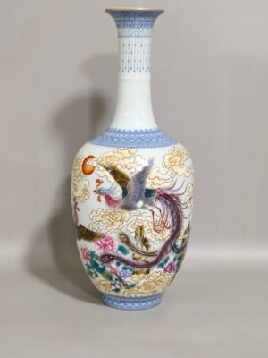 Qing Dynasty Qianlong green edged phoenix pierced peony inscribed long neck vase