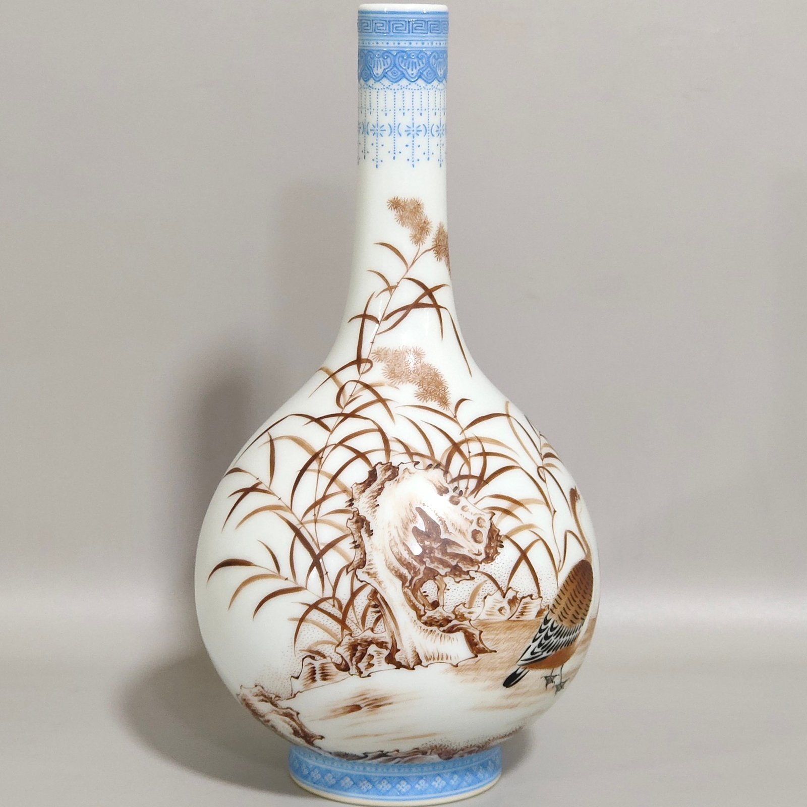 Qing Dynasty Qianlong green edged ink colored reed goose inscribed long neck vase