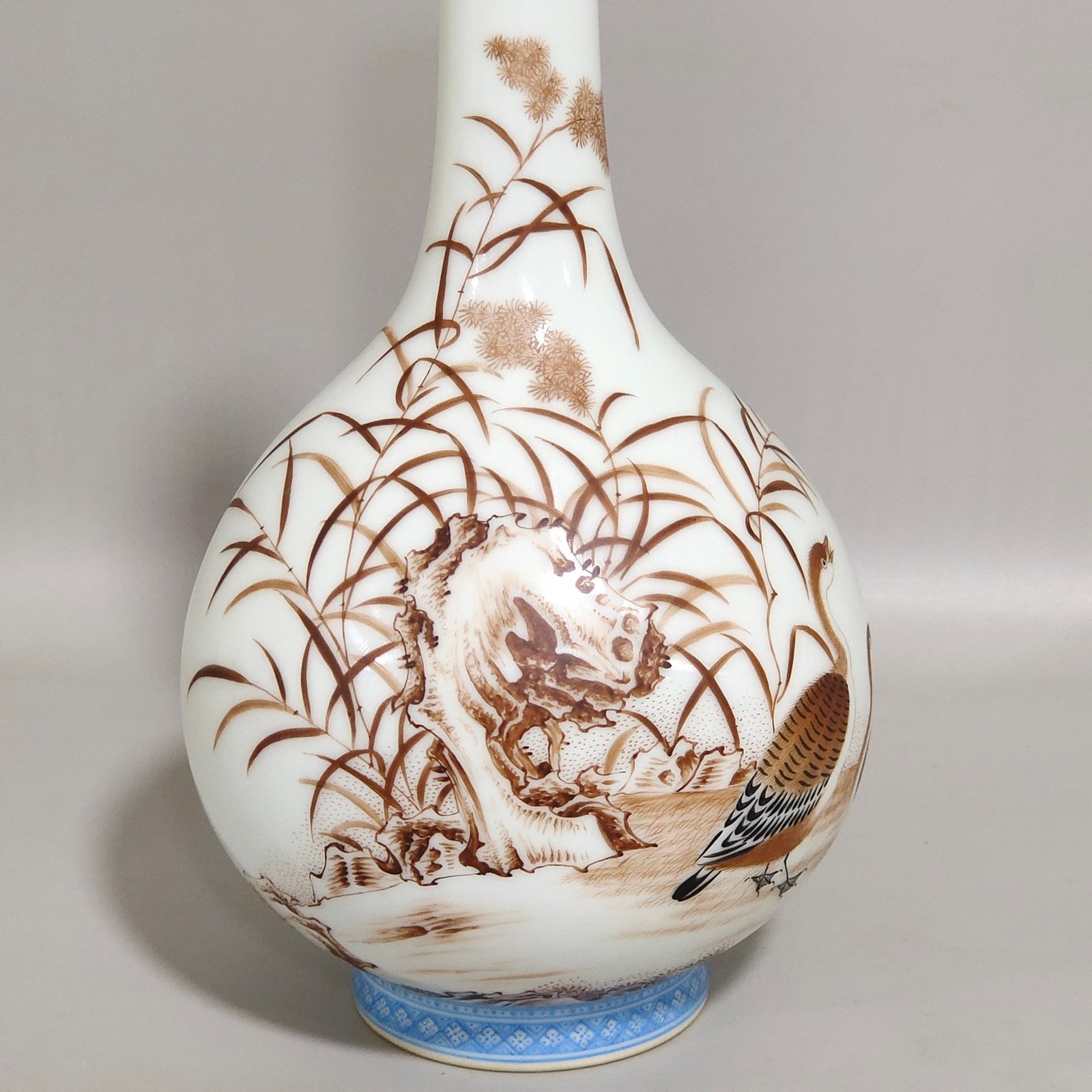 Qing Dynasty Qianlong green edged ink colored reed goose inscribed long neck vase
