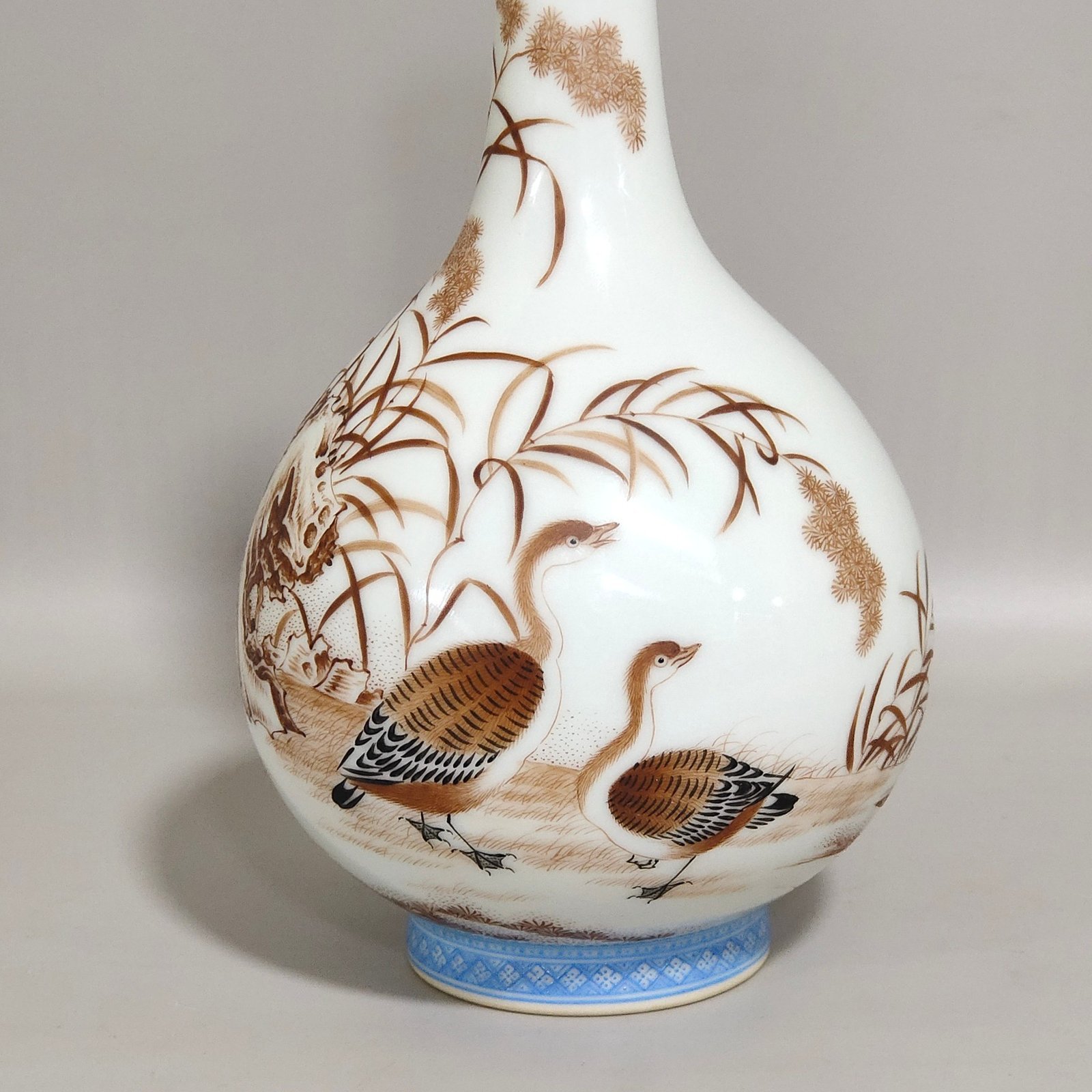 Qing Dynasty Qianlong green edged ink colored reed goose inscribed long neck vase