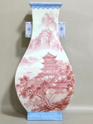 Qing Dynasty Qianlong green edged agate red landscape attic square amphorae