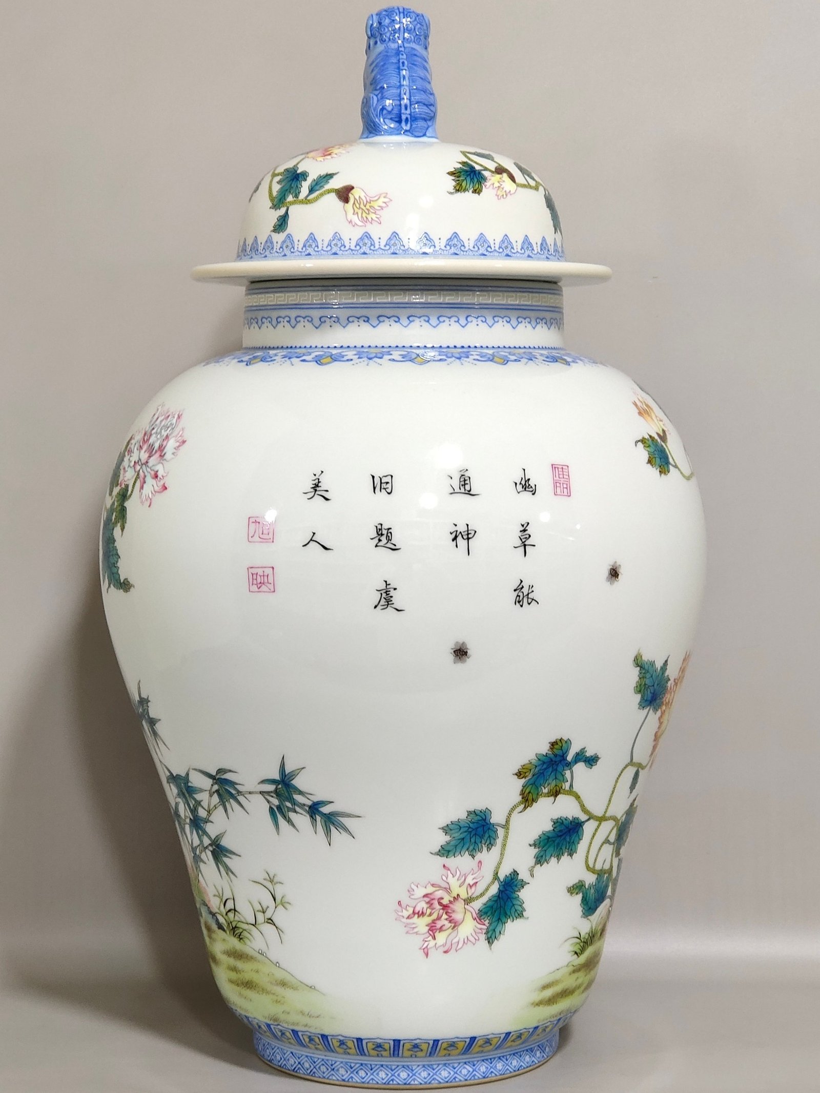 Qing Dynasty Qianlong green edged flower and bird poems on the general jar