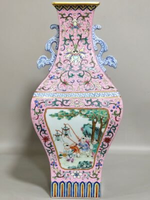 Qing Dynasty Qianlong rouge powder blessing and longevity double eared square vase