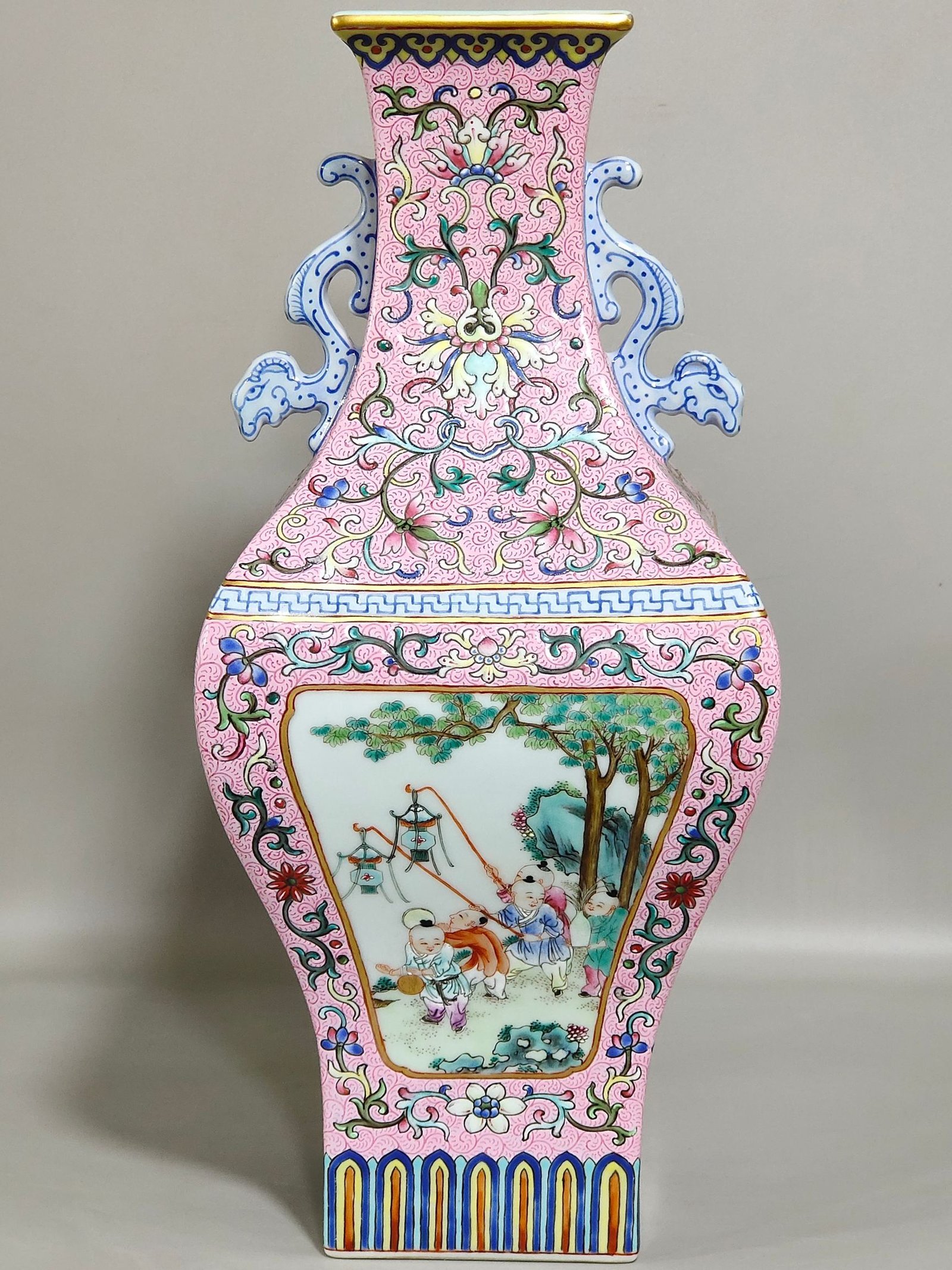 Qing Dynasty Qianlong rouge powder blessing and longevity double eared square vase