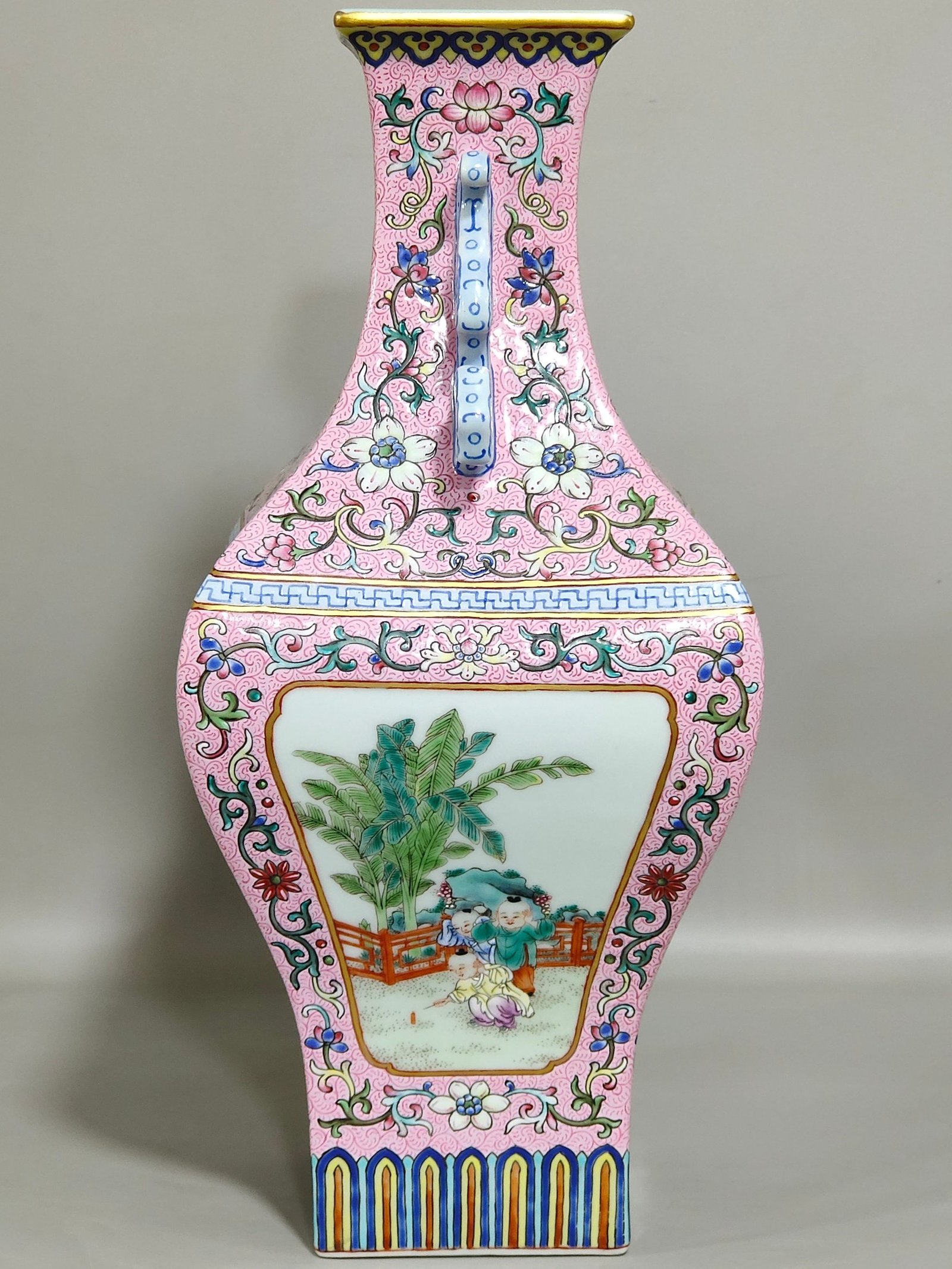 Qing Dynasty Qianlong rouge powder blessing and longevity double eared square vase