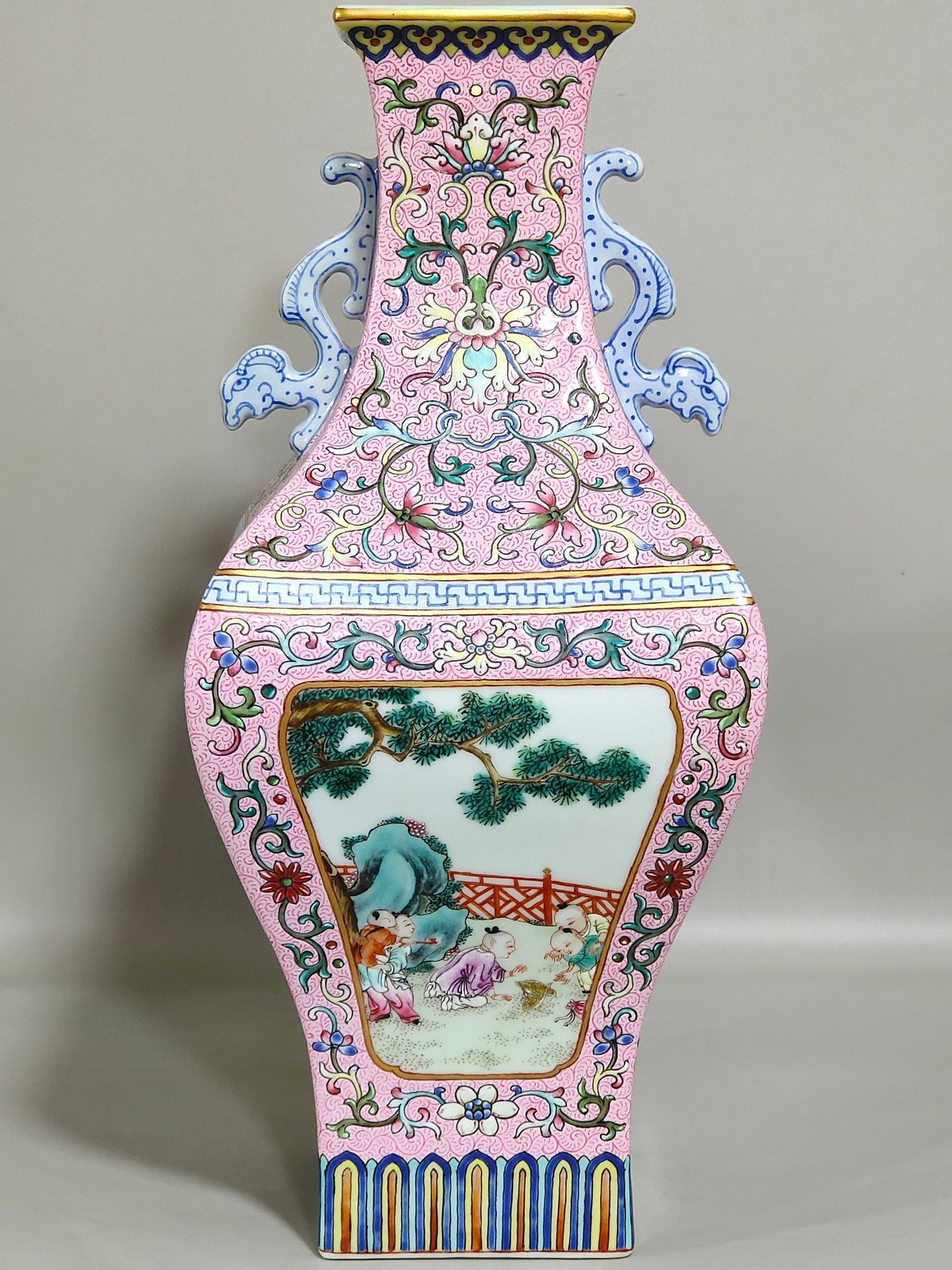 Qing Dynasty Qianlong rouge powder blessing and longevity double eared square vase
