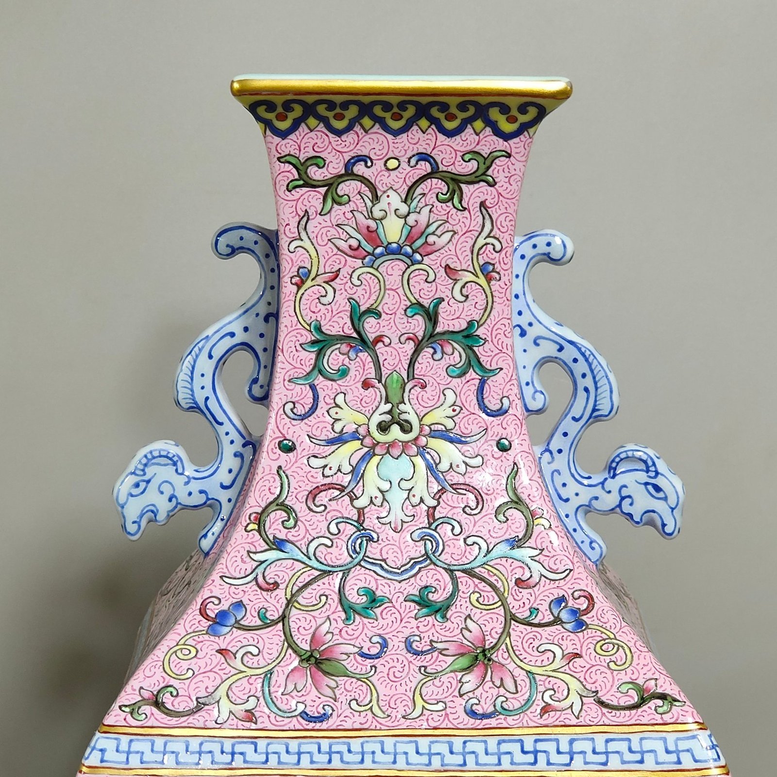Qing Dynasty Qianlong rouge powder blessing and longevity double eared square vase
