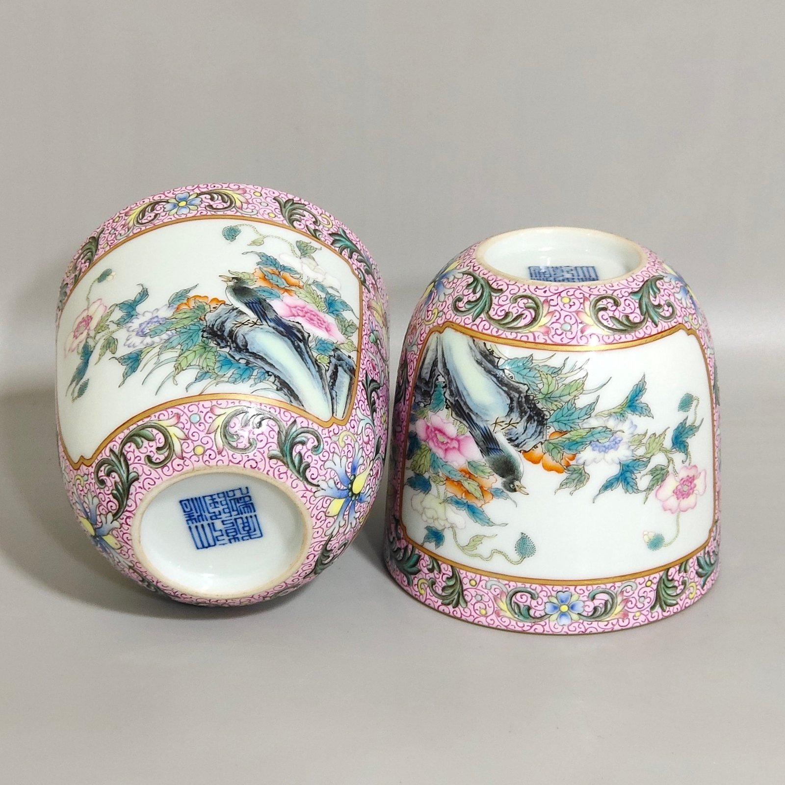 Qing Dynasty Qianlong rouge pink flower window flower and bird cup