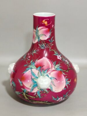 Qing Dynasty Qianlong rouge red Five Blessings Nine Peach Beast Ears flat belly vase