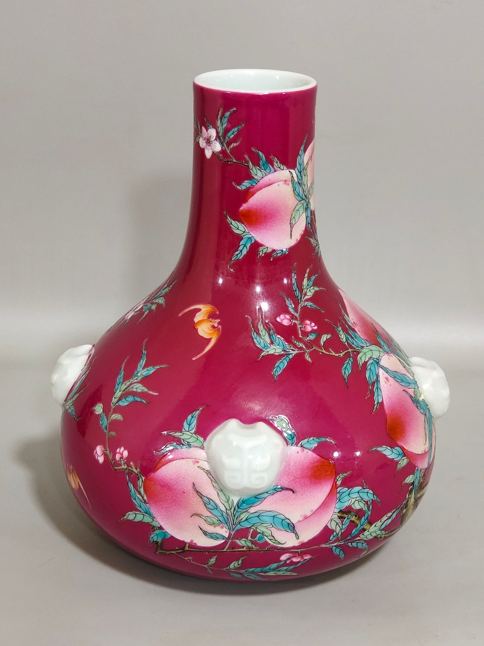 Qing Dynasty Qianlong rouge red Five Blessings Nine Peach Beast Ears flat belly vase