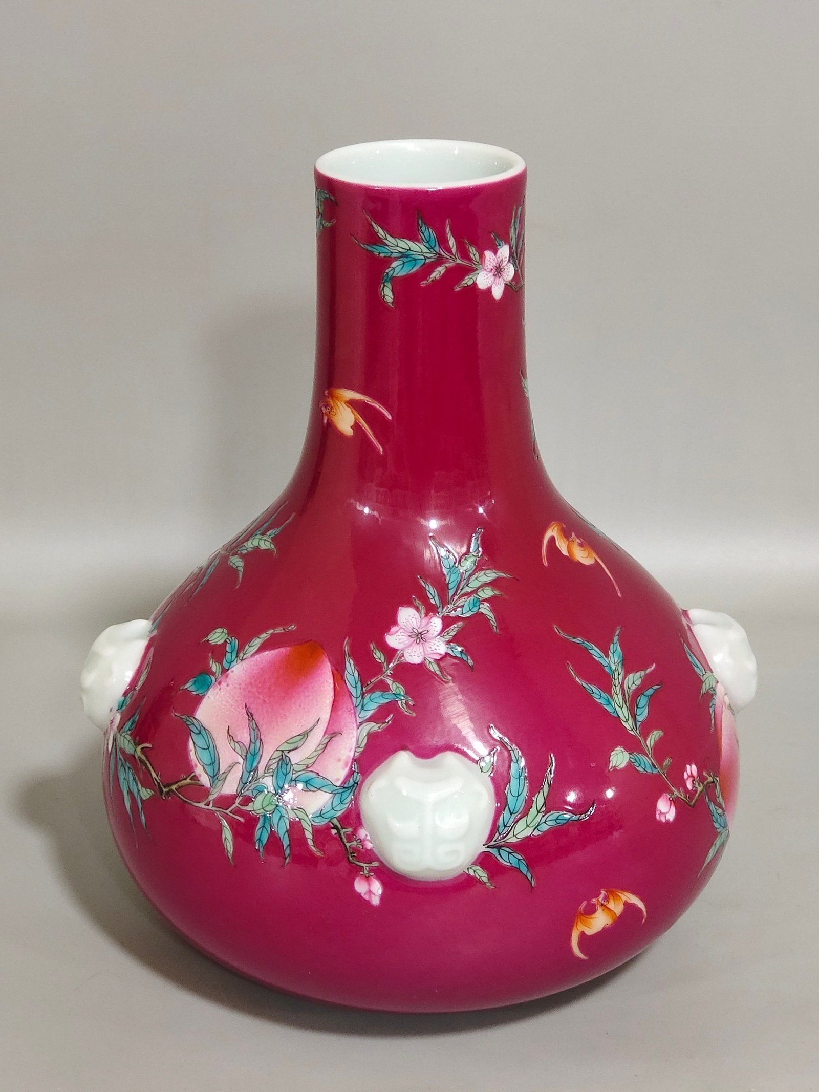 Qing Dynasty Qianlong rouge red Five Blessings Nine Peach Beast Ears flat belly vase