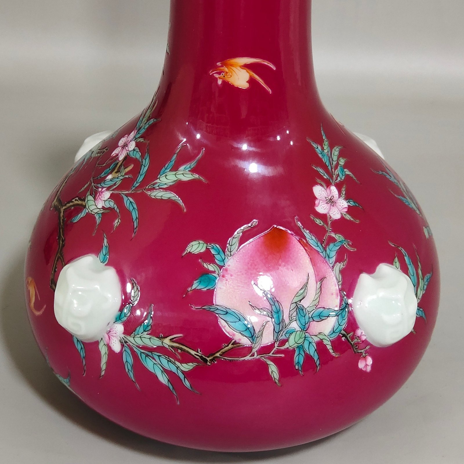 Qing Dynasty Qianlong rouge red Five Blessings Nine Peach Beast Ears flat belly vase
