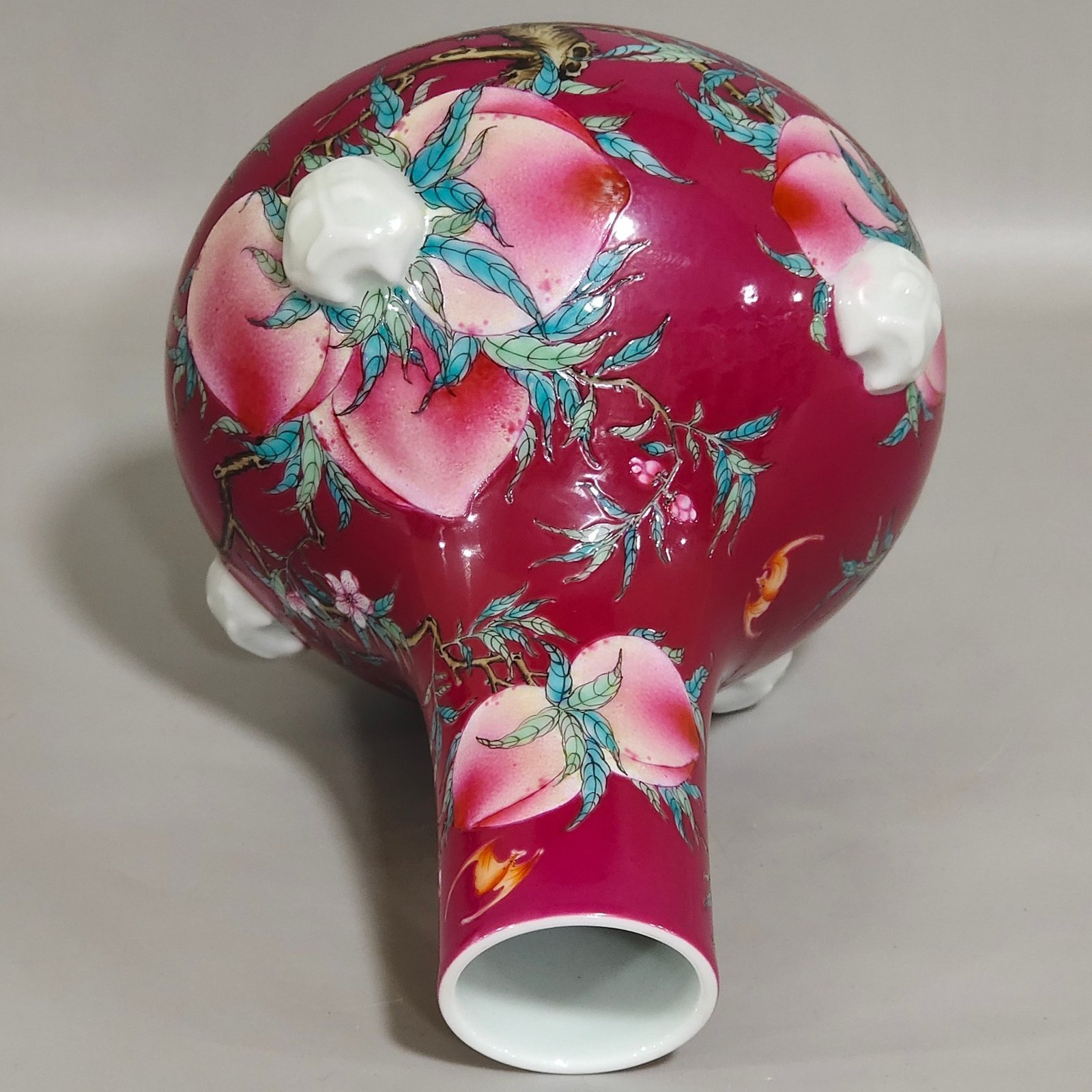 Qing Dynasty Qianlong rouge red Five Blessings Nine Peach Beast Ears flat belly vase