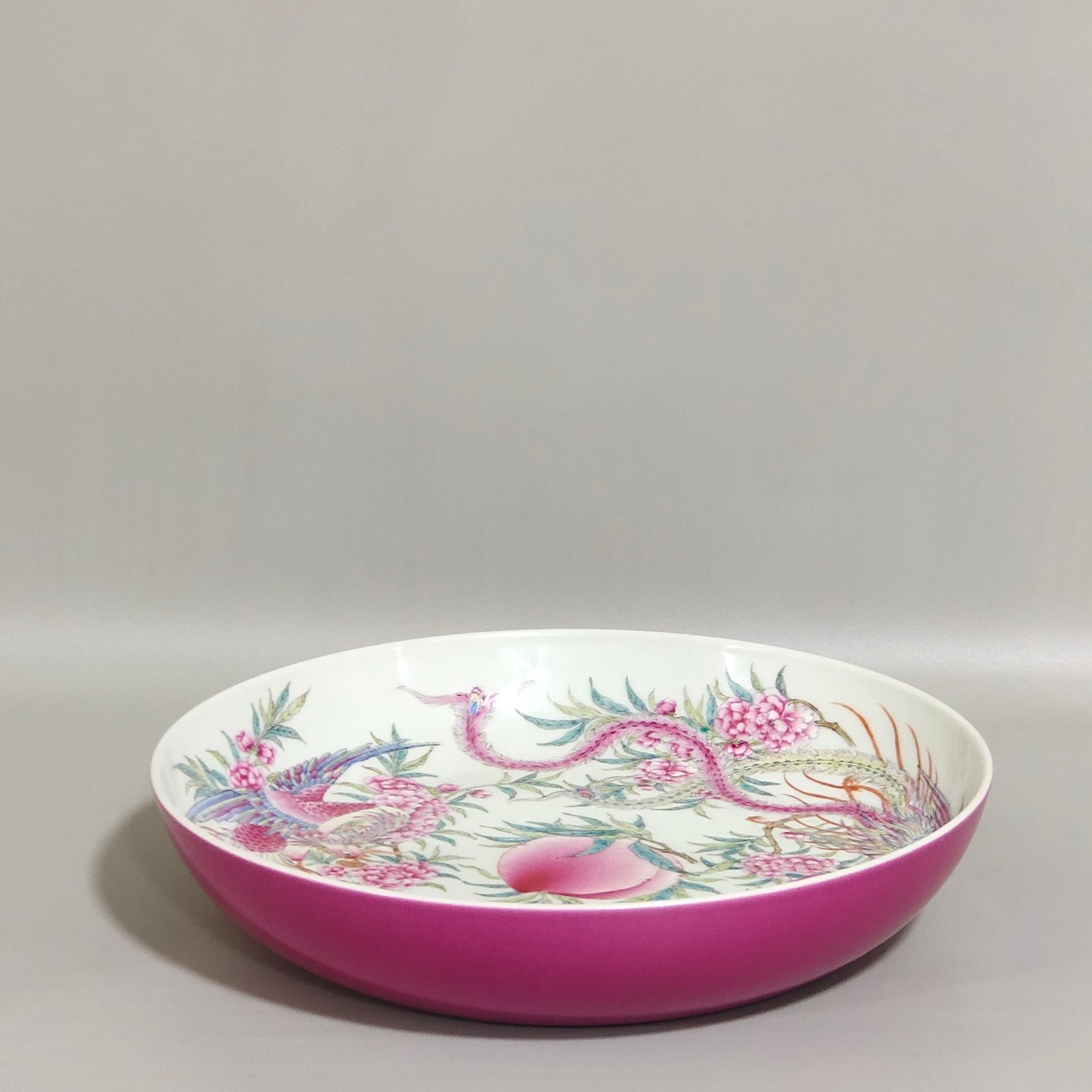 Qing Dynasty Qianlong rouge red phoenix wearing peony peach tray