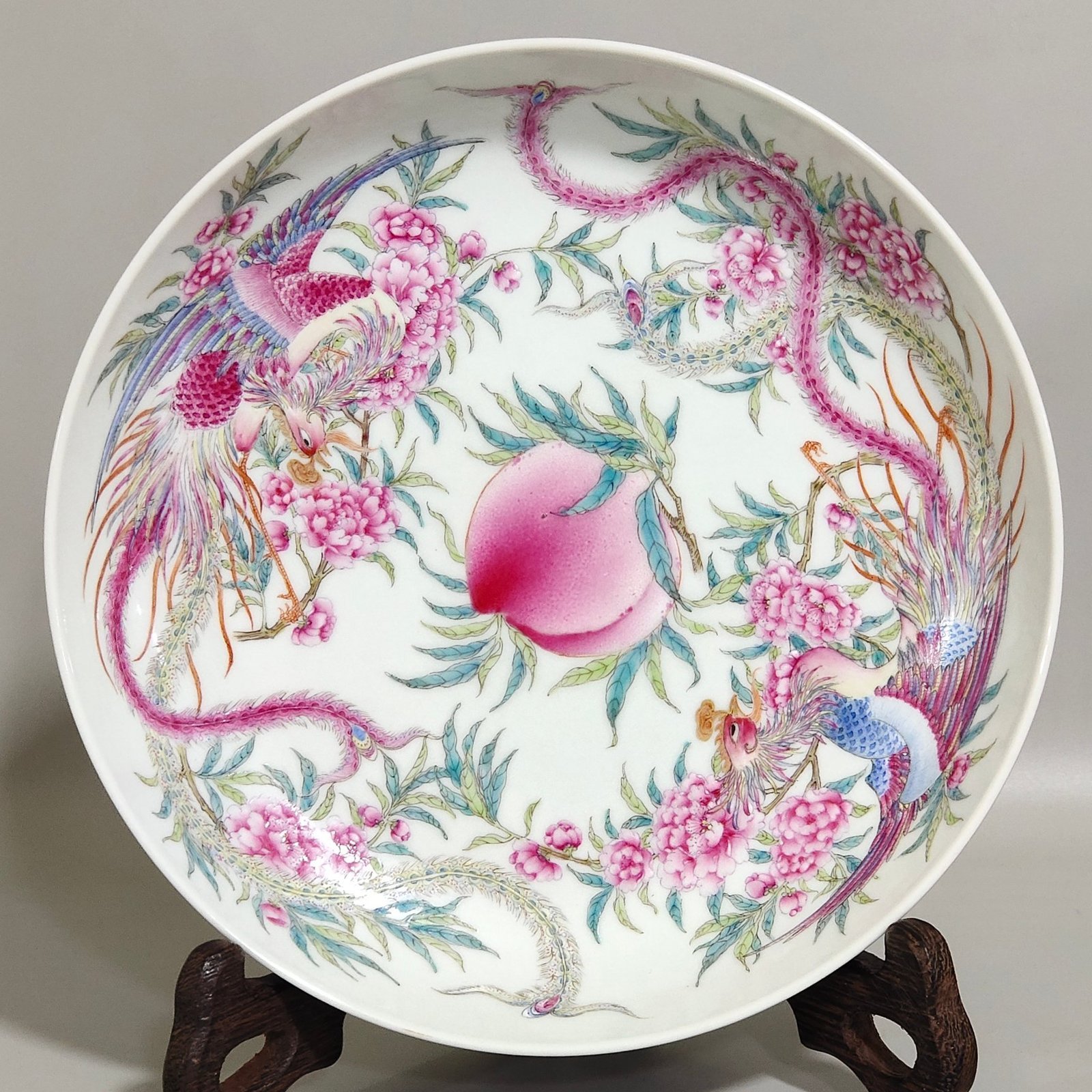 Qing Dynasty Qianlong rouge red phoenix wearing peony peach tray