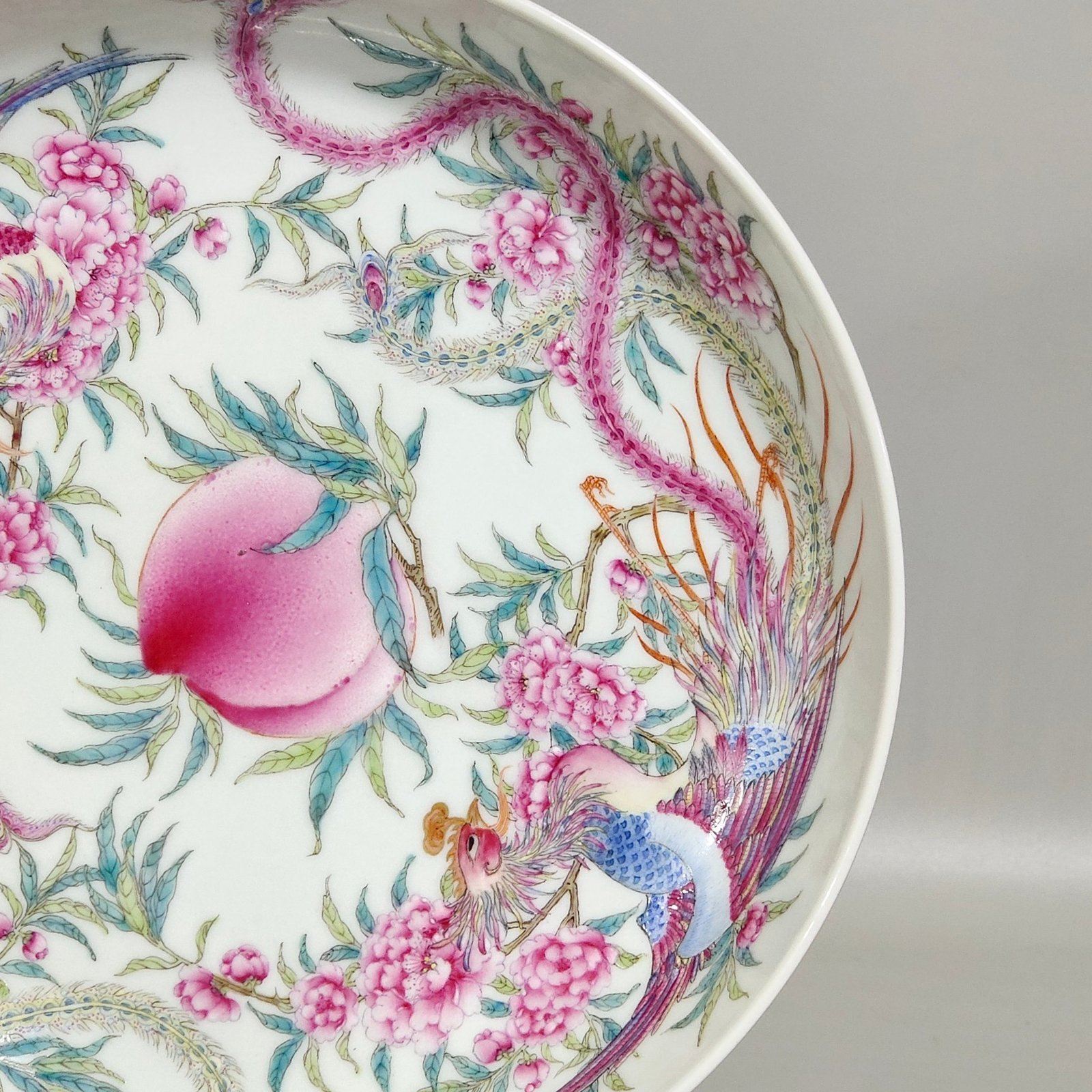 Qing Dynasty Qianlong rouge red phoenix wearing peony peach tray