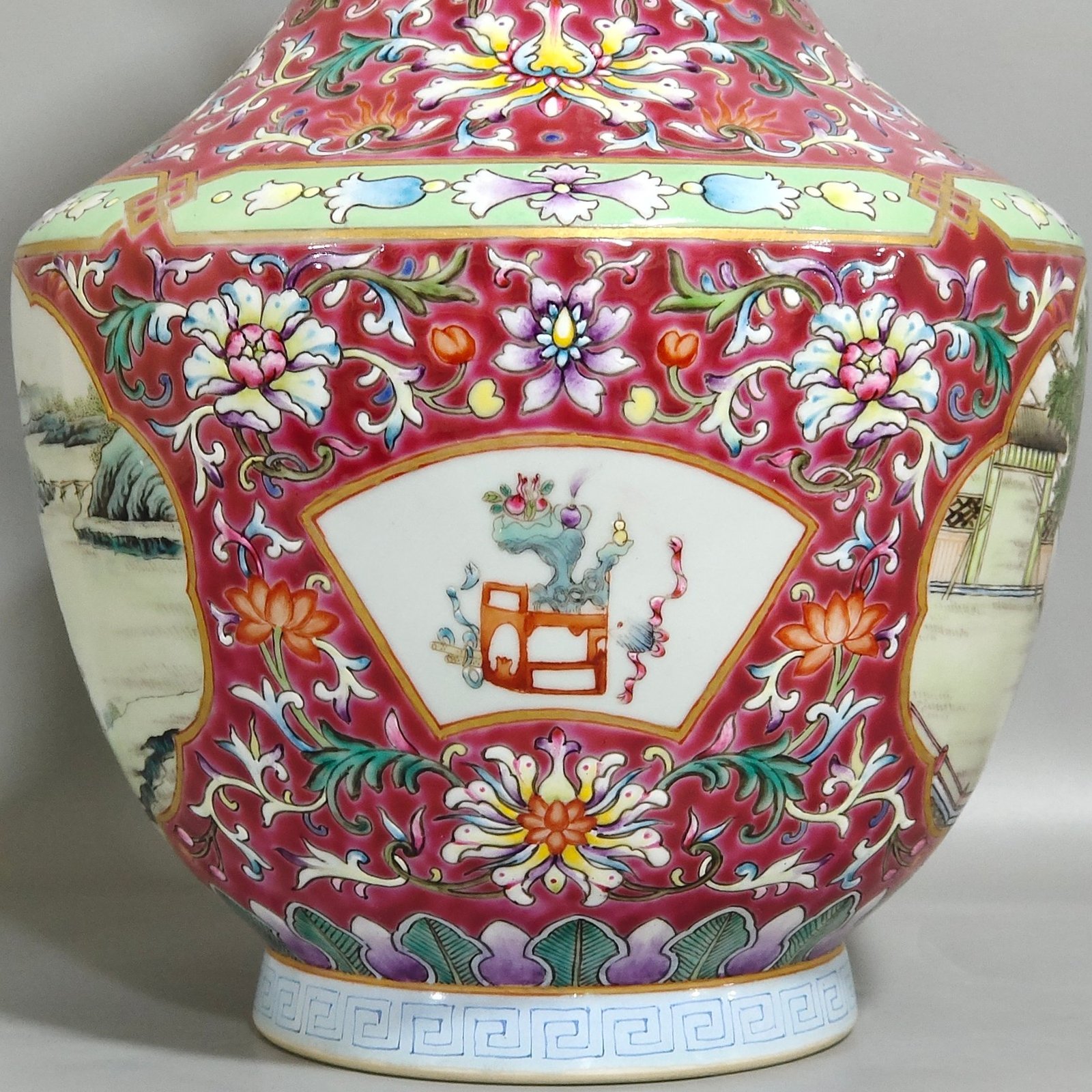 Qing Dynasty Qianlong rouge ground window character story amphora