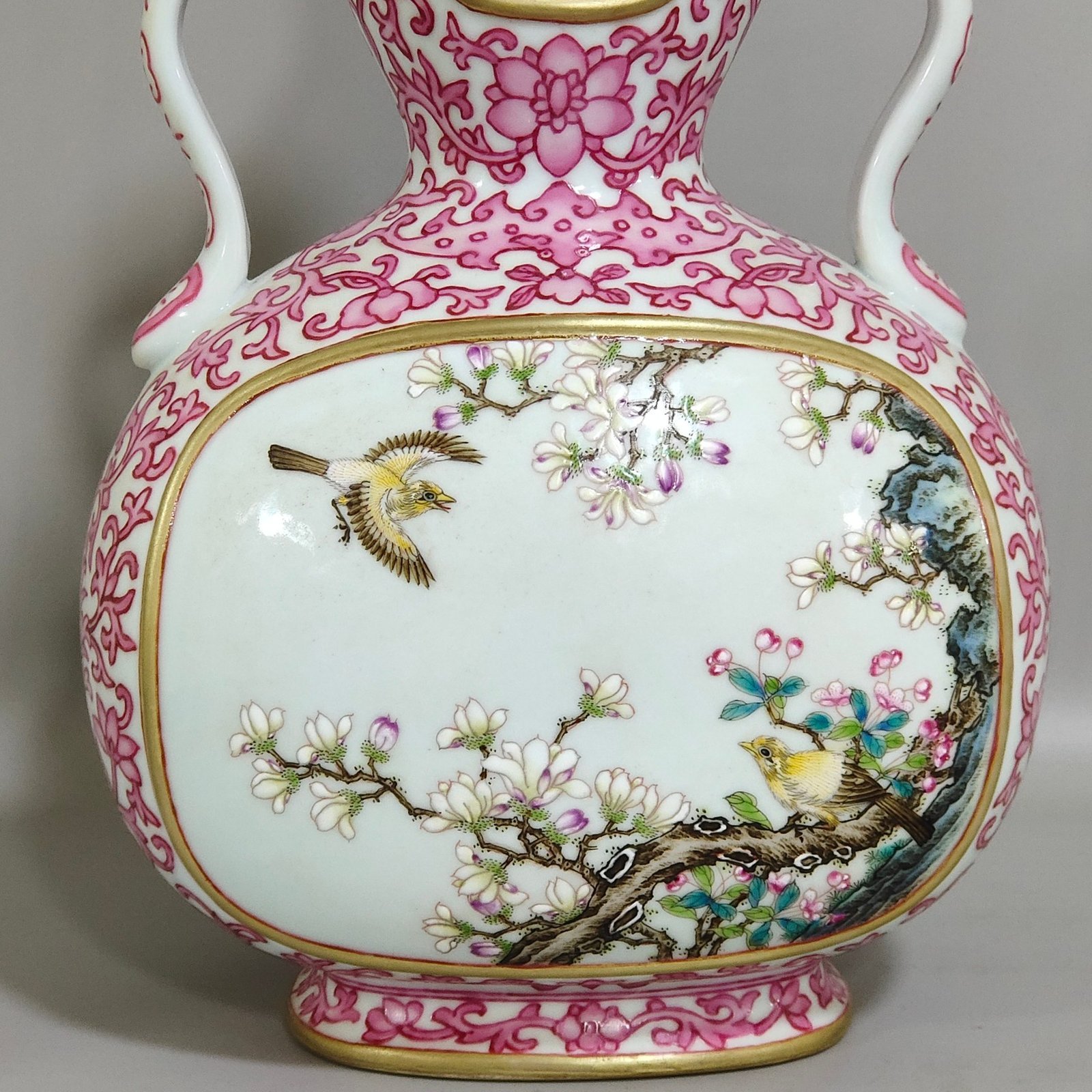 Qing Dynasty Qianlong rouge red windowed flat gourd vase with flowers and birds inscribed with poems
