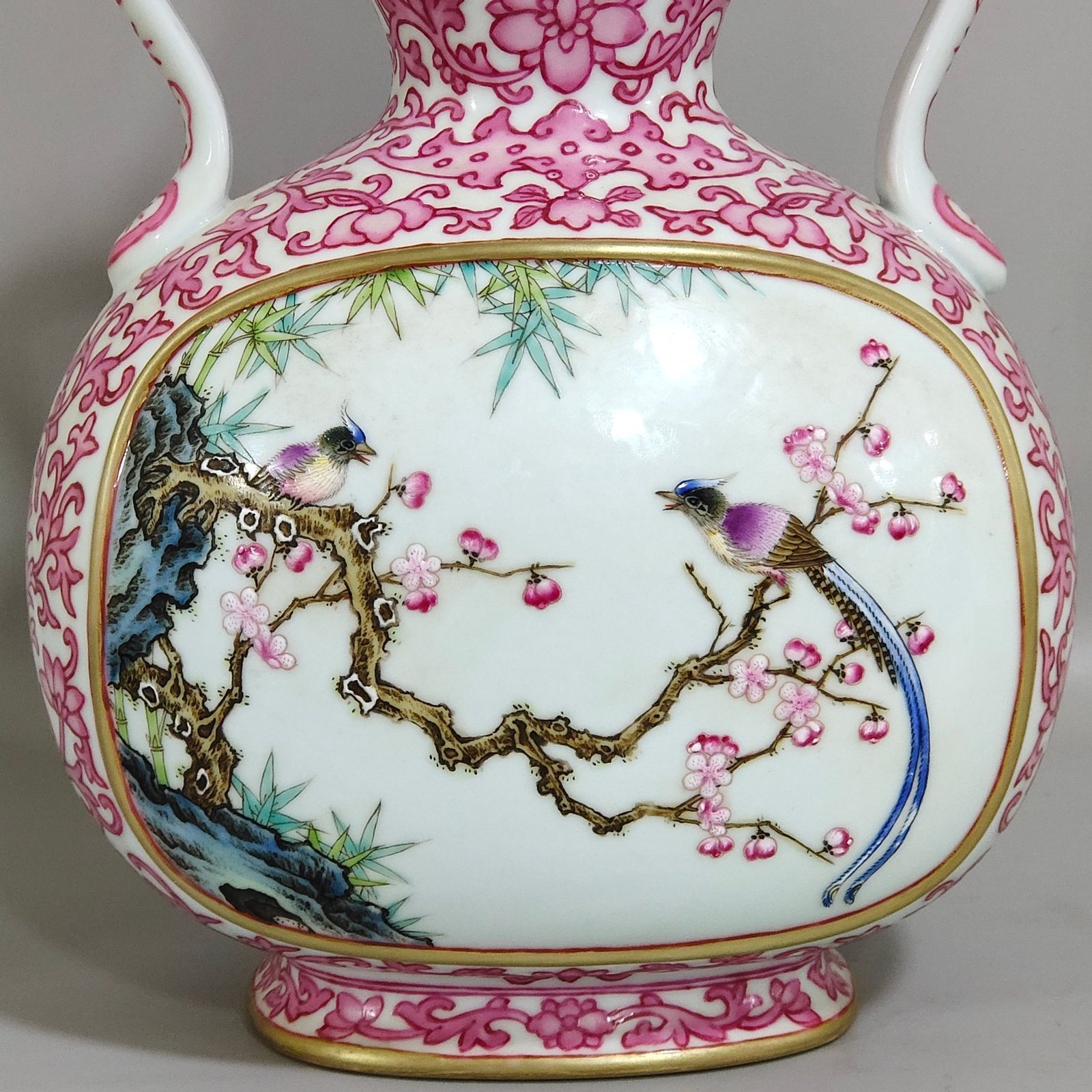 Qing Dynasty Qianlong rouge red windowed flat gourd vase with flowers and birds inscribed with poems