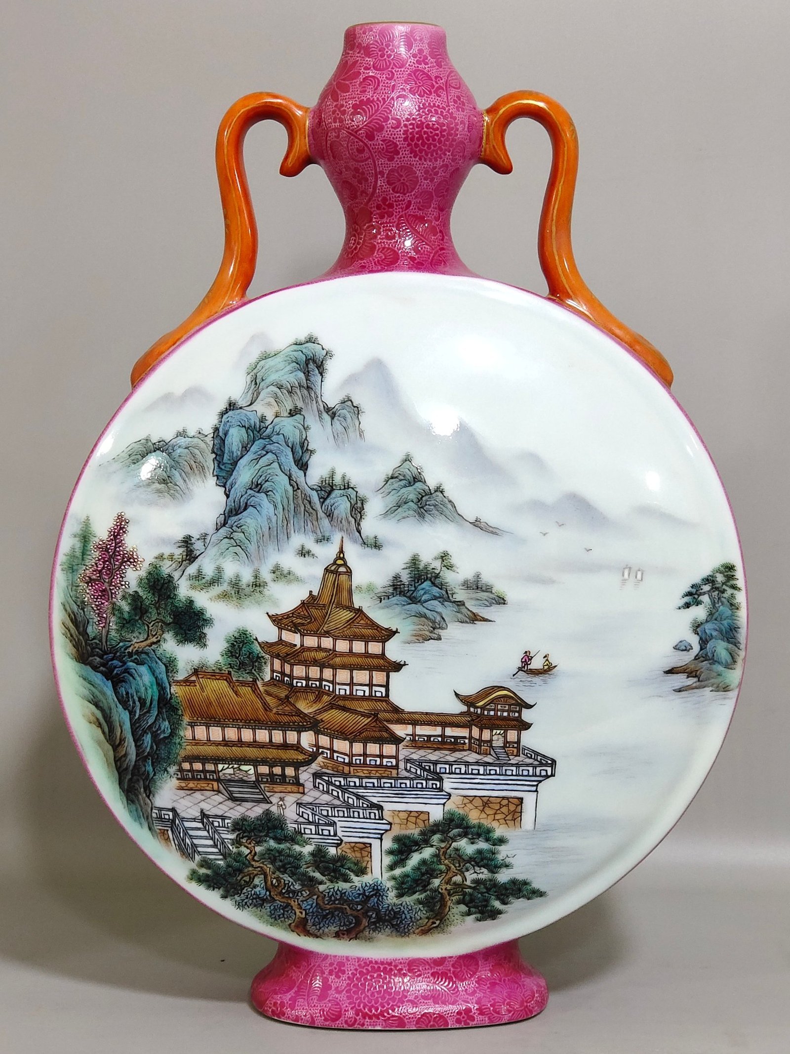 Qing Dynasty Qianlong rouge red carved landscape and moon vase