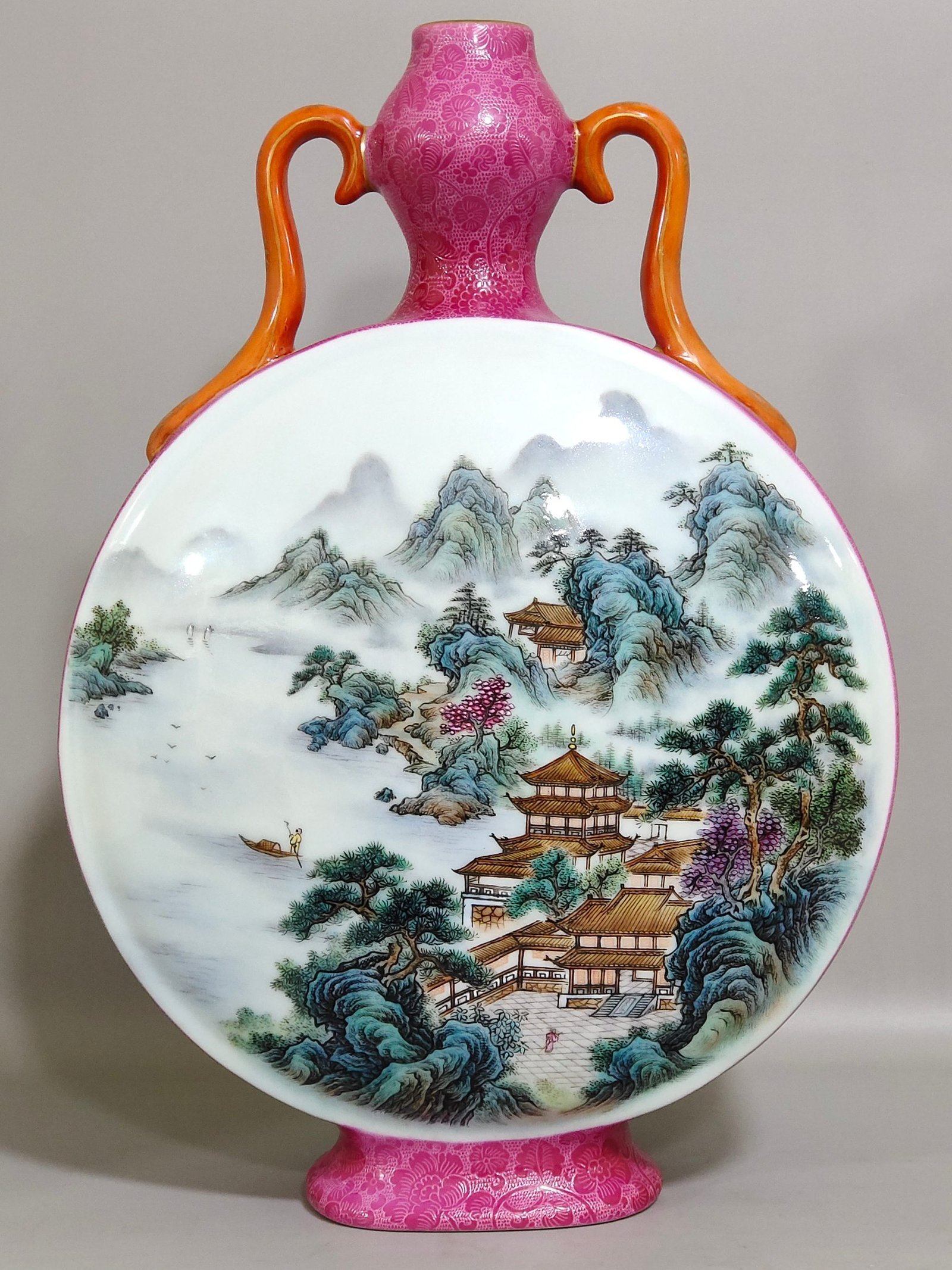 Qing Dynasty Qianlong rouge red carved landscape and moon vase
