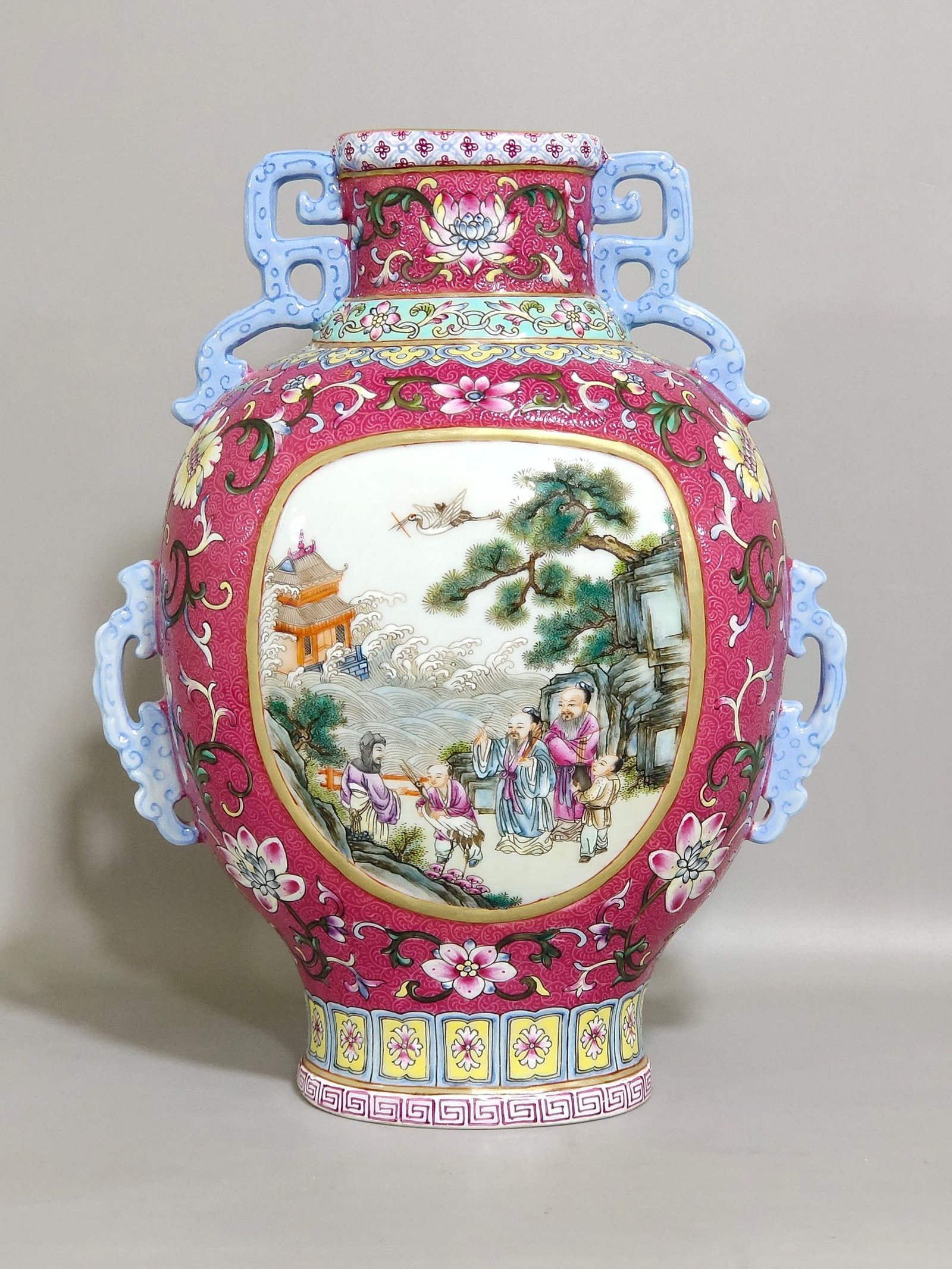 Qing Dynasty Qianlong rouge red flower opened window landscape figure amphorae