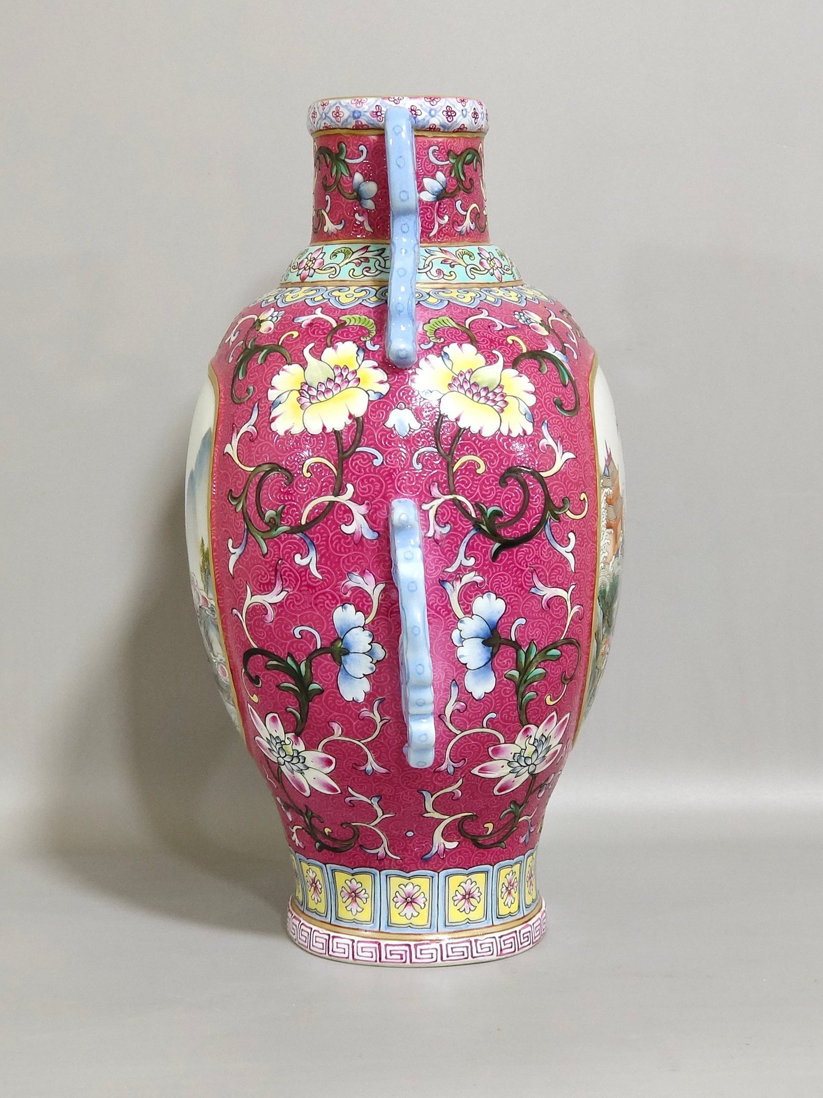 Qing Dynasty Qianlong rouge red flower opened window landscape figure amphorae