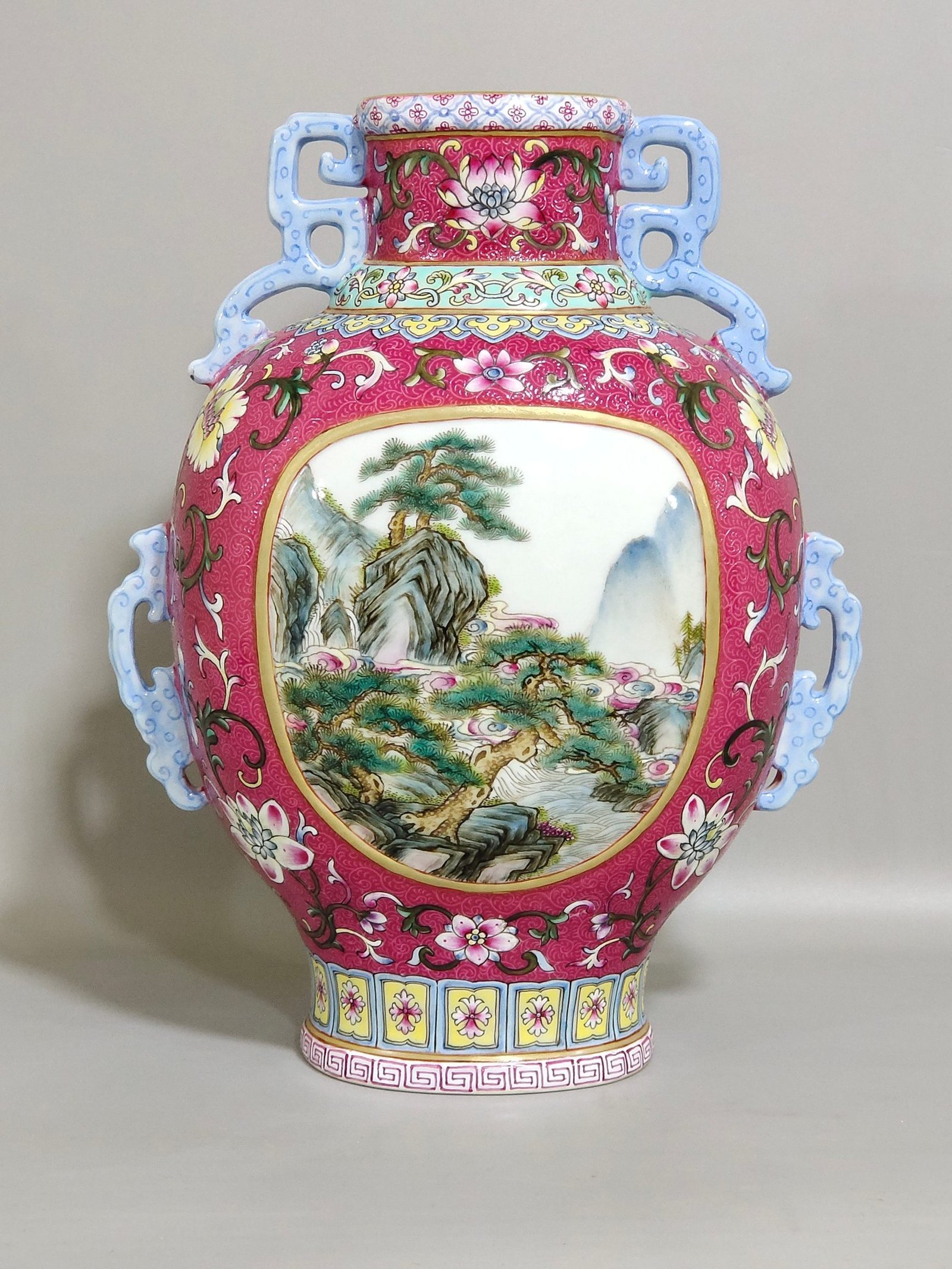 Qing Dynasty Qianlong rouge red flower opened window landscape figure amphorae