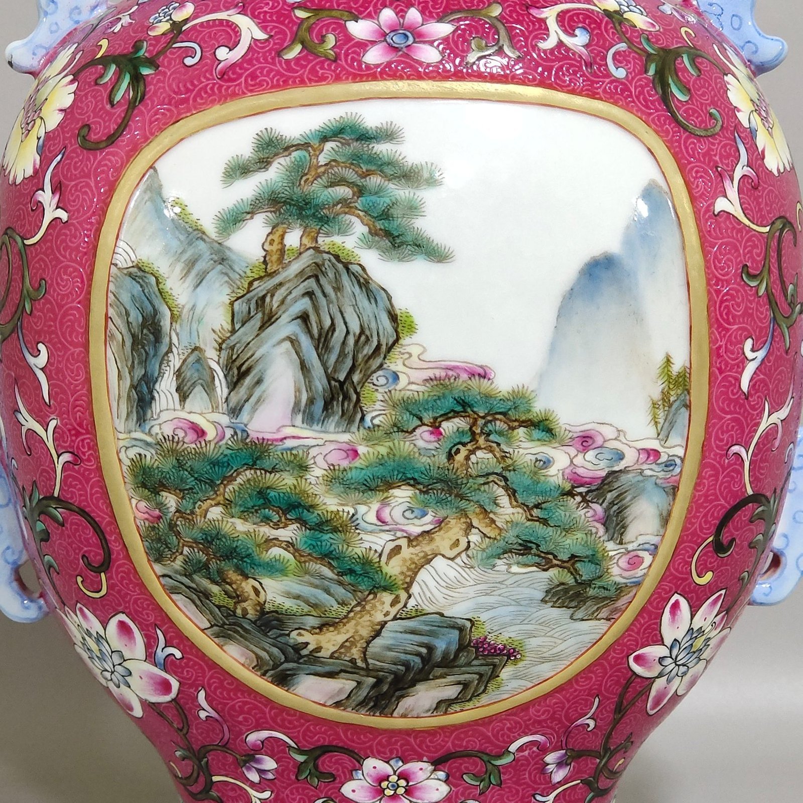 Qing Dynasty Qianlong rouge red flower opened window landscape figure amphorae