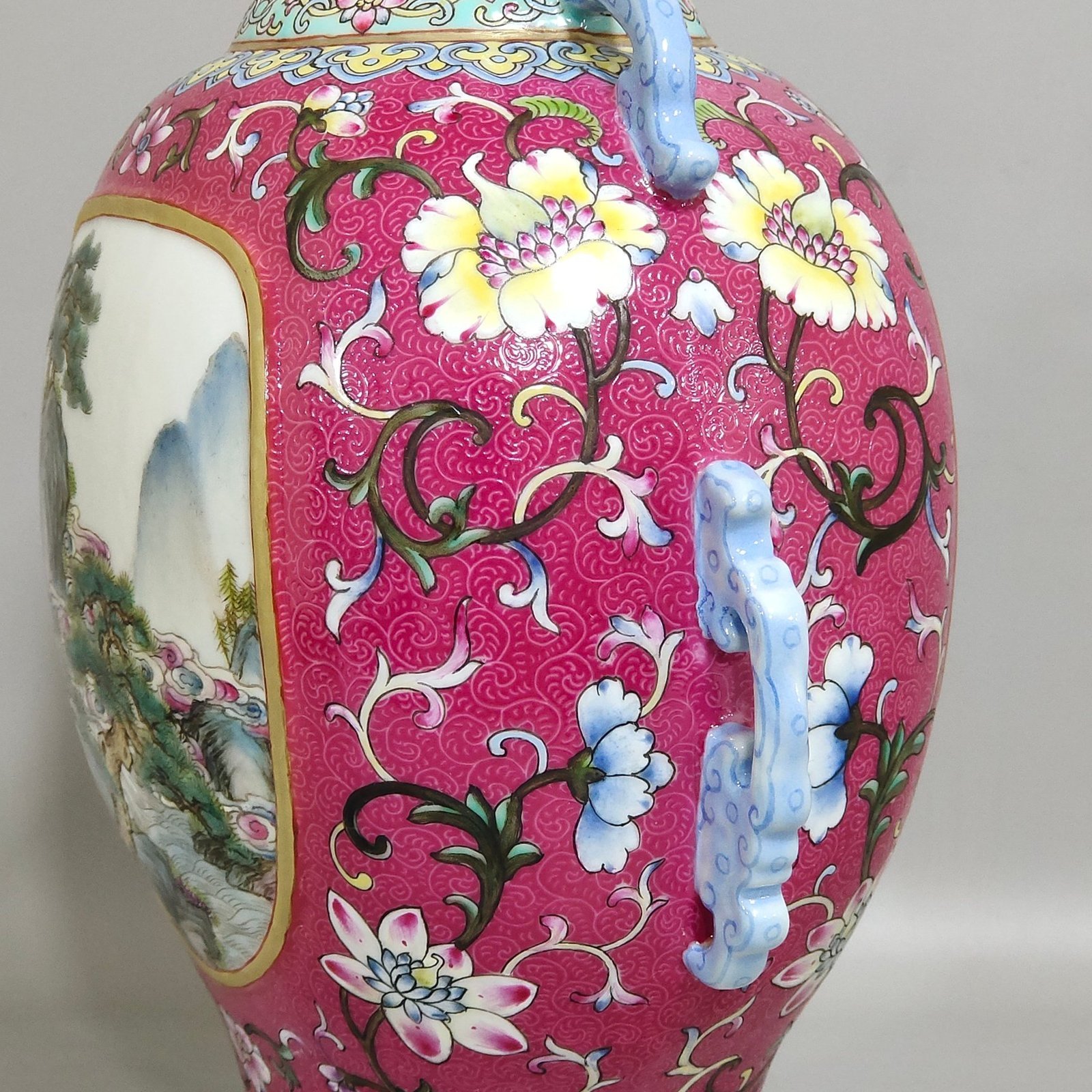 Qing Dynasty Qianlong rouge red flower opened window landscape figure amphorae