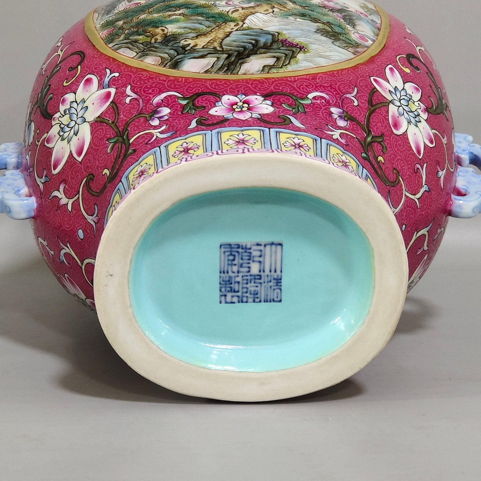 Qing Dynasty Qianlong rouge red flower opened window landscape figure amphorae