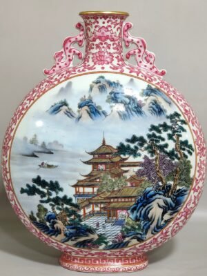 Qing Dynasty Qianlong rouge red Fushou continuous window landscape attic holding moon vase