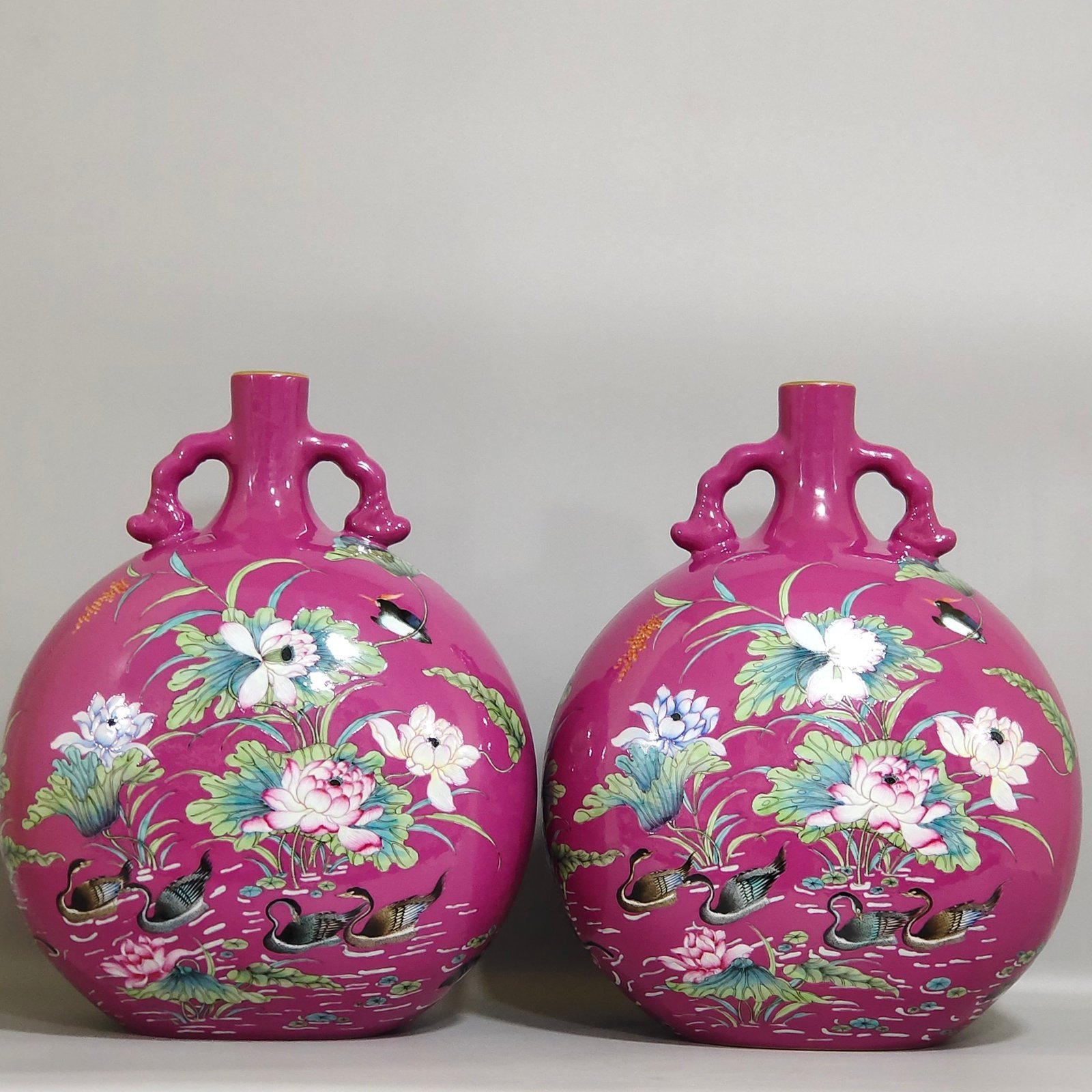 Qing Dynasty Qianlong rouge red wild duck vase with lotus holding the moon