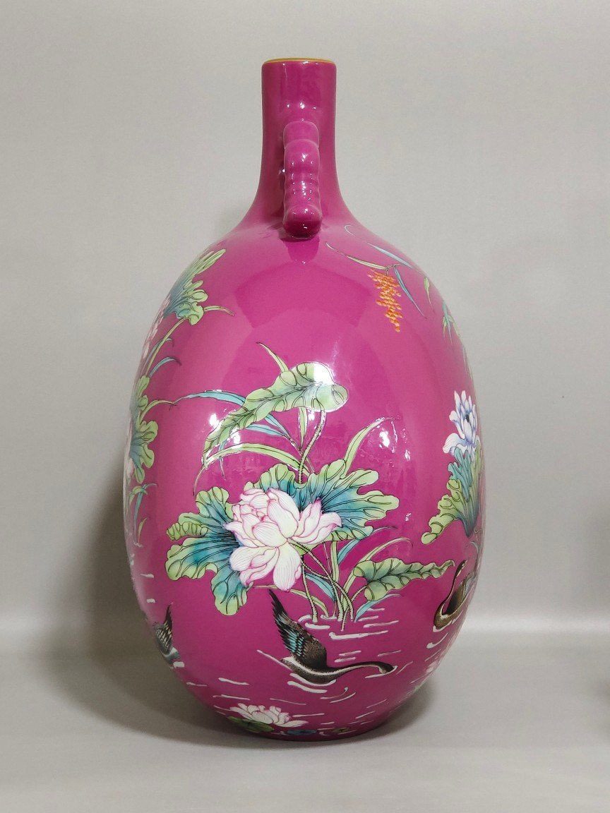 Qing Dynasty Qianlong rouge red wild duck vase with lotus holding the moon