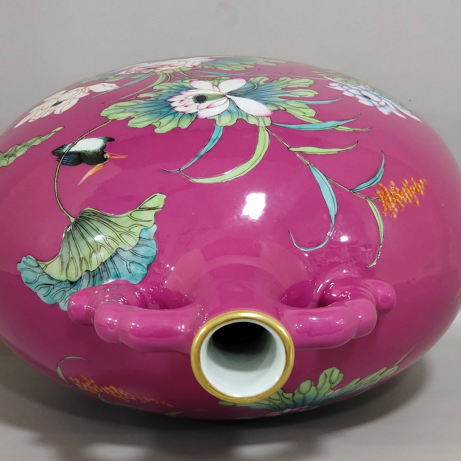 Qing Dynasty Qianlong rouge red wild duck vase with lotus holding the moon