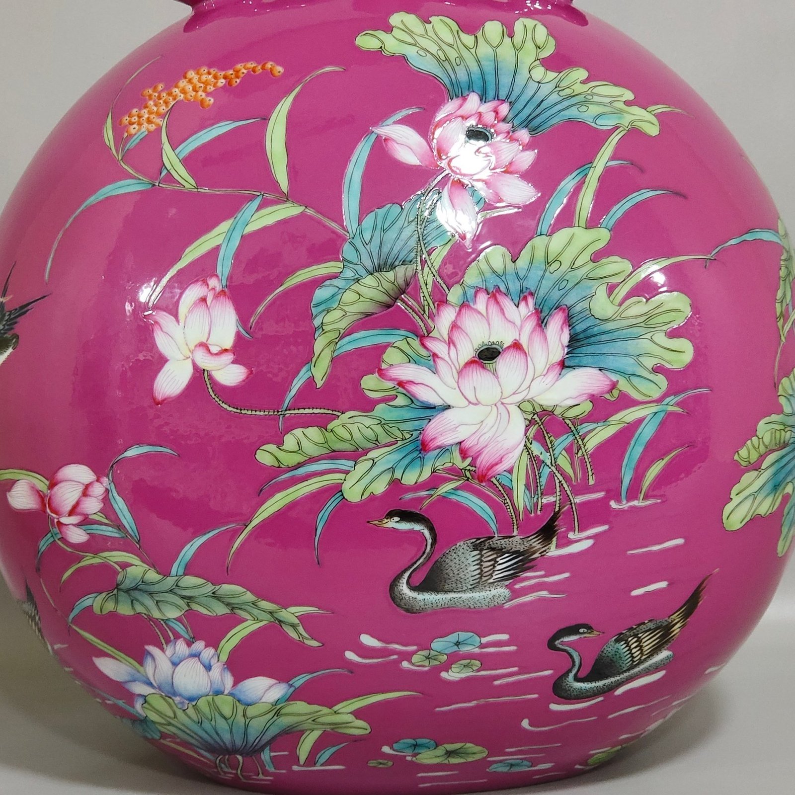 Qing Dynasty Qianlong rouge red wild duck vase with lotus holding the moon