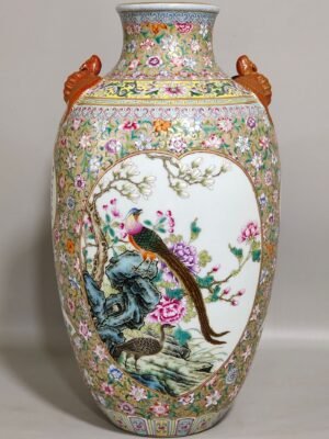 Qing Dynasty Qianlong flower painted gilt window bat eared vase with poems about flowers and birds