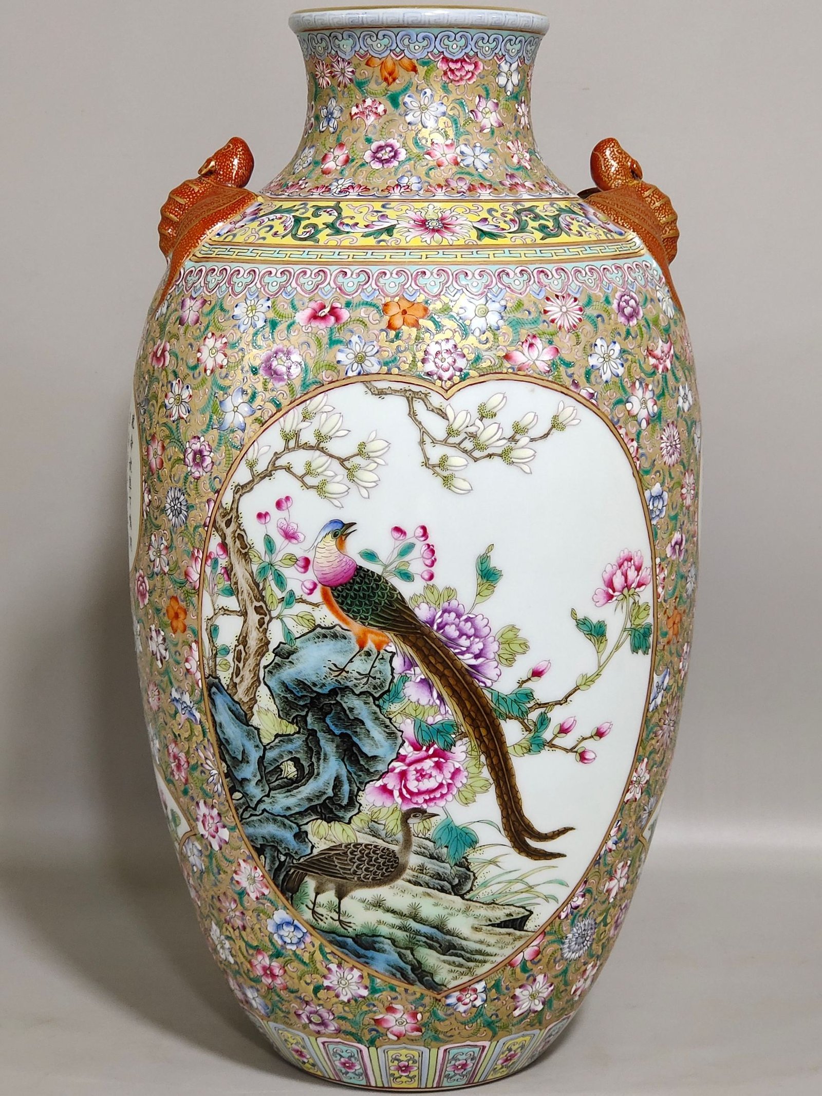 Qing Dynasty Qianlong flower painted gilt window bat eared vase with poems about flowers and birds