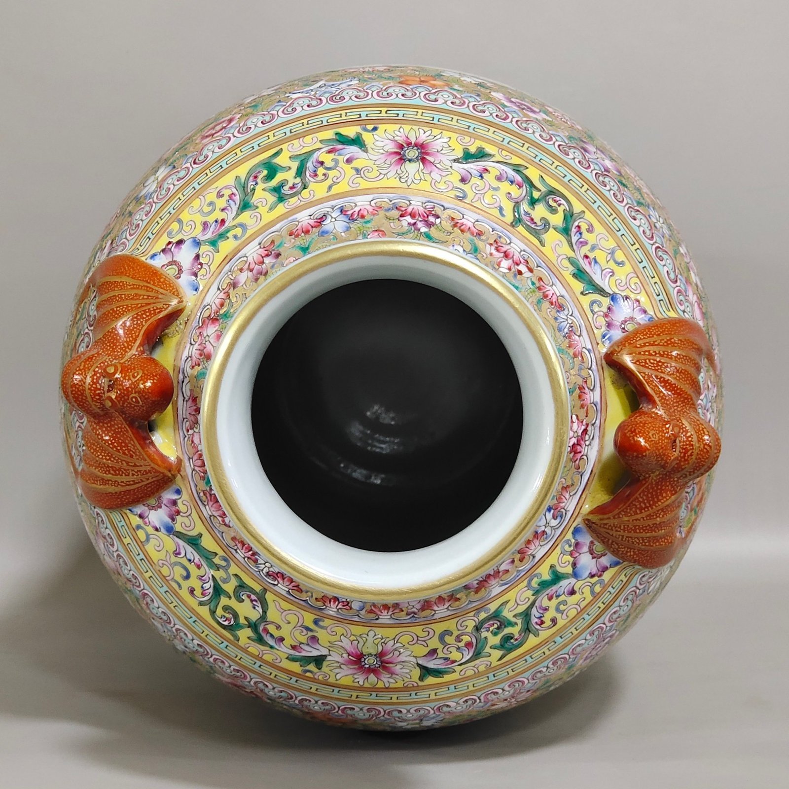 Qing Dynasty Qianlong flower painted gilt window bat eared vase with poems about flowers and birds