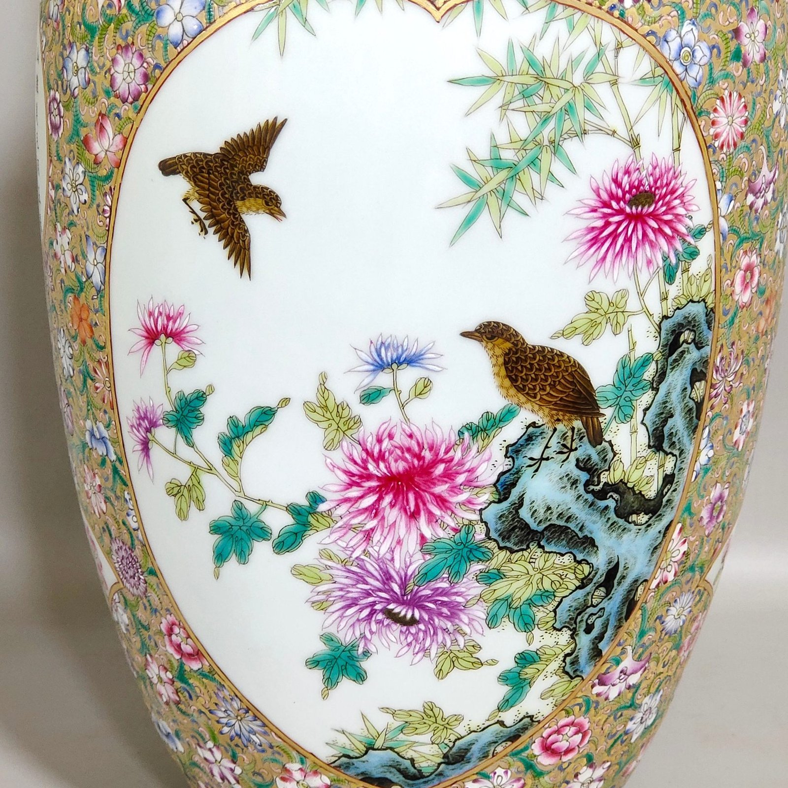 Qing Dynasty Qianlong flower painted gilt window bat eared vase with poems about flowers and birds