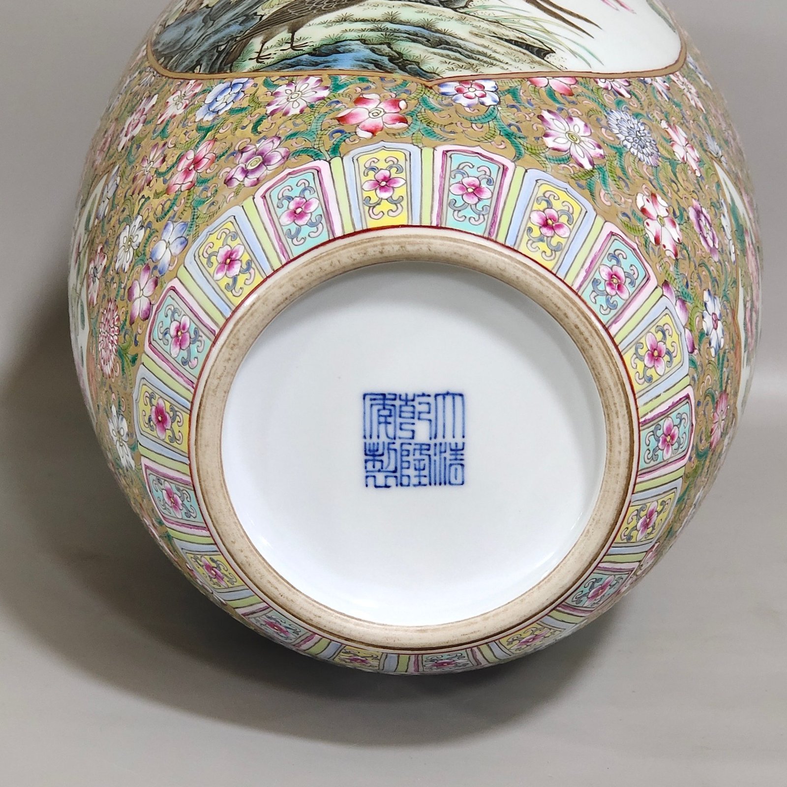 Qing Dynasty Qianlong flower painted gilt window bat eared vase with poems about flowers and birds
