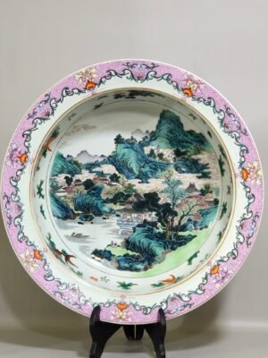 Qing Dynasty Qianlong apple green glaze fish and algae pattern landscape washbasin