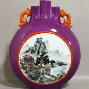 Qing Dynasty Qianlong eggplant skin purple glaze window landscape attic three tube moon holding vase