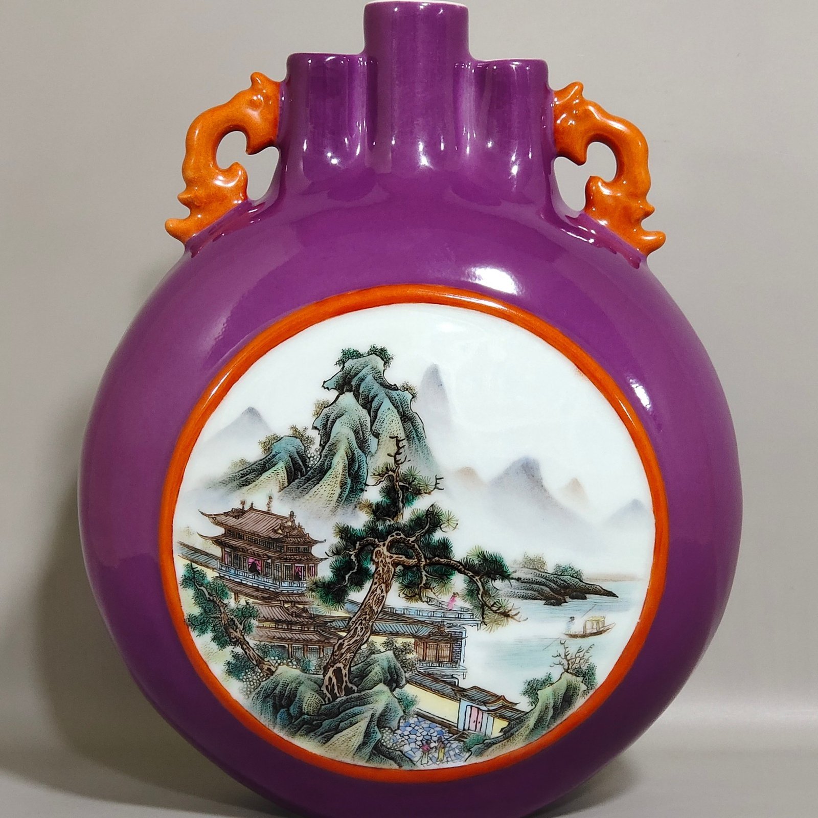 Qing Dynasty Qianlong eggplant skin purple glaze window landscape attic three tube moon holding vase