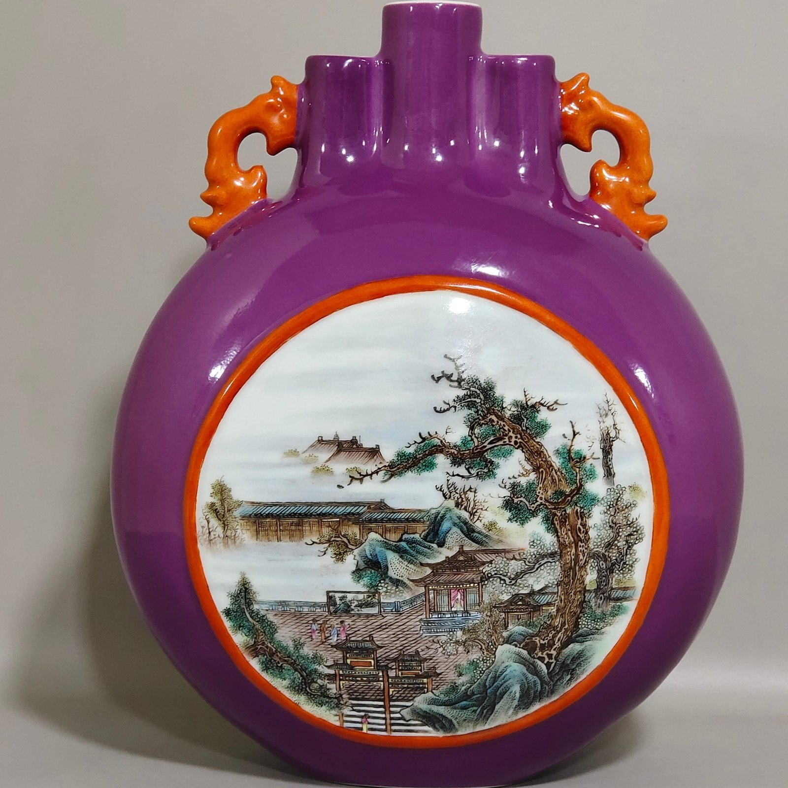 Qing Dynasty Qianlong eggplant skin purple glaze window landscape attic three tube moon holding vase