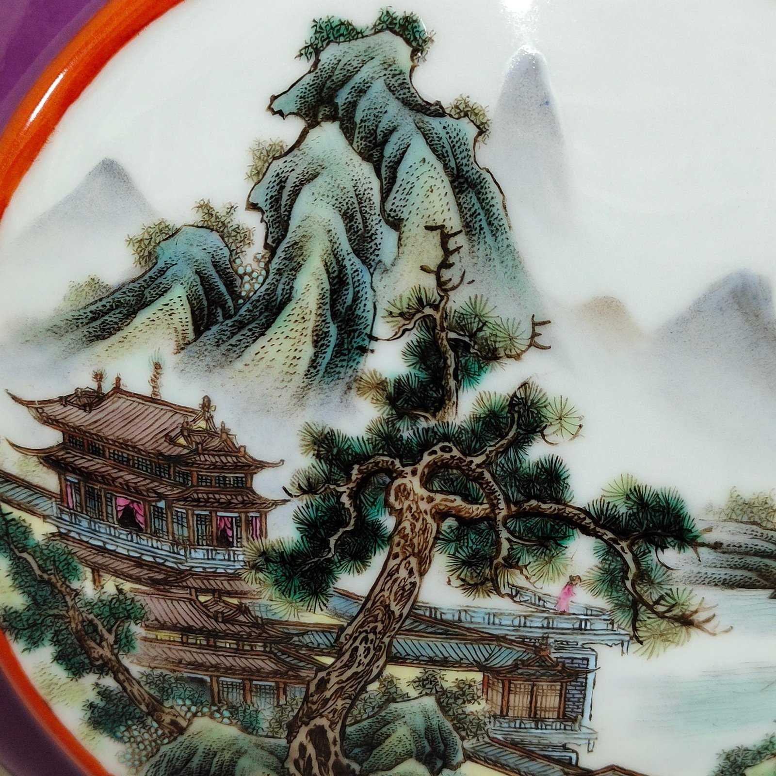 Qing Dynasty Qianlong eggplant skin purple glaze window landscape attic three tube moon holding vase