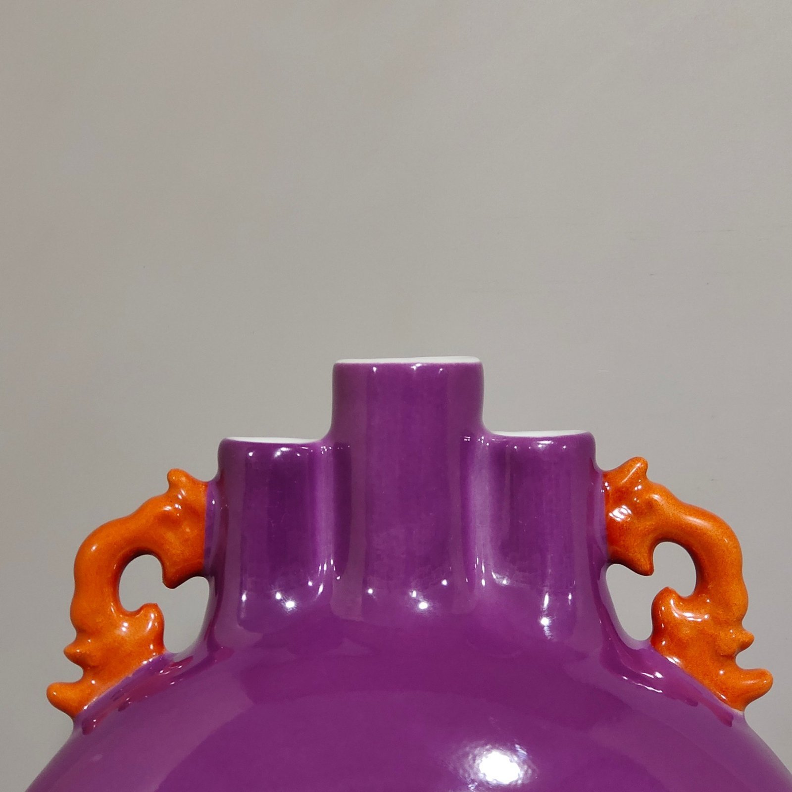 Qing Dynasty Qianlong eggplant skin purple glaze window landscape attic three tube moon holding vase