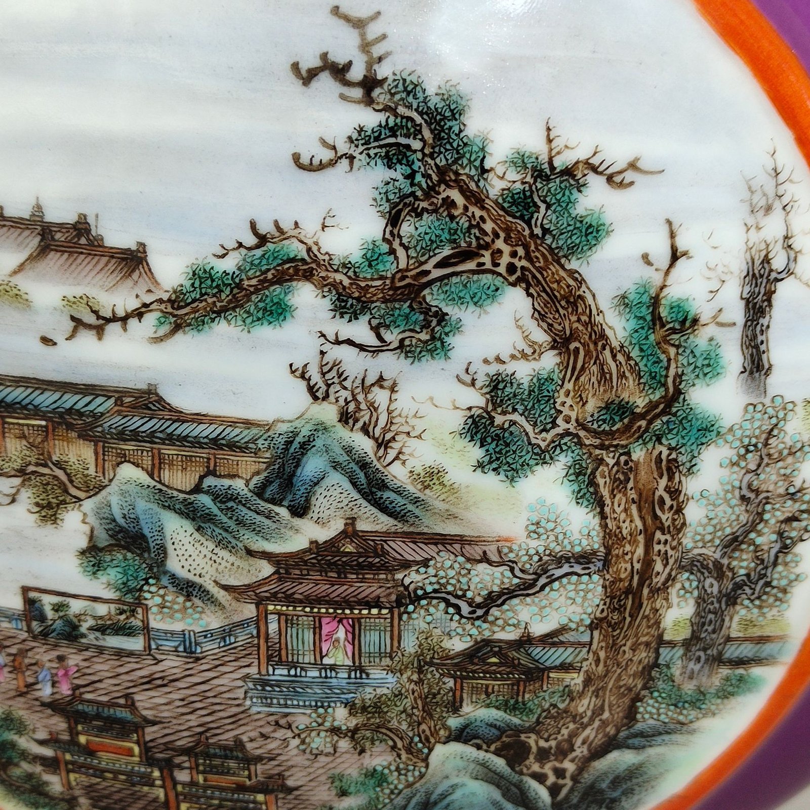 Qing Dynasty Qianlong eggplant skin purple glaze window landscape attic three tube moon holding vase