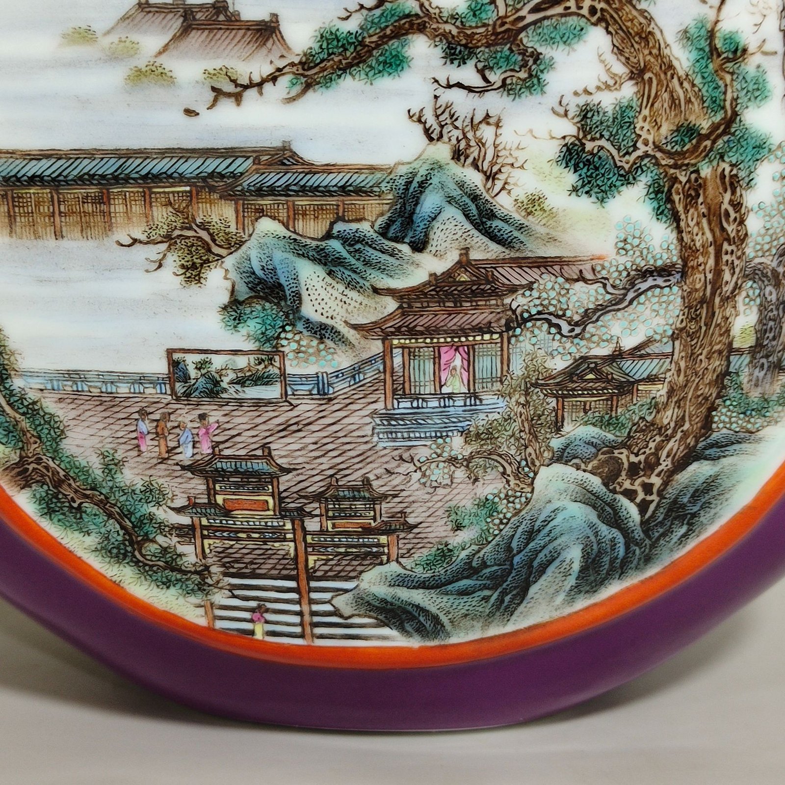 Qing Dynasty Qianlong eggplant skin purple glaze window landscape attic three tube moon holding vase