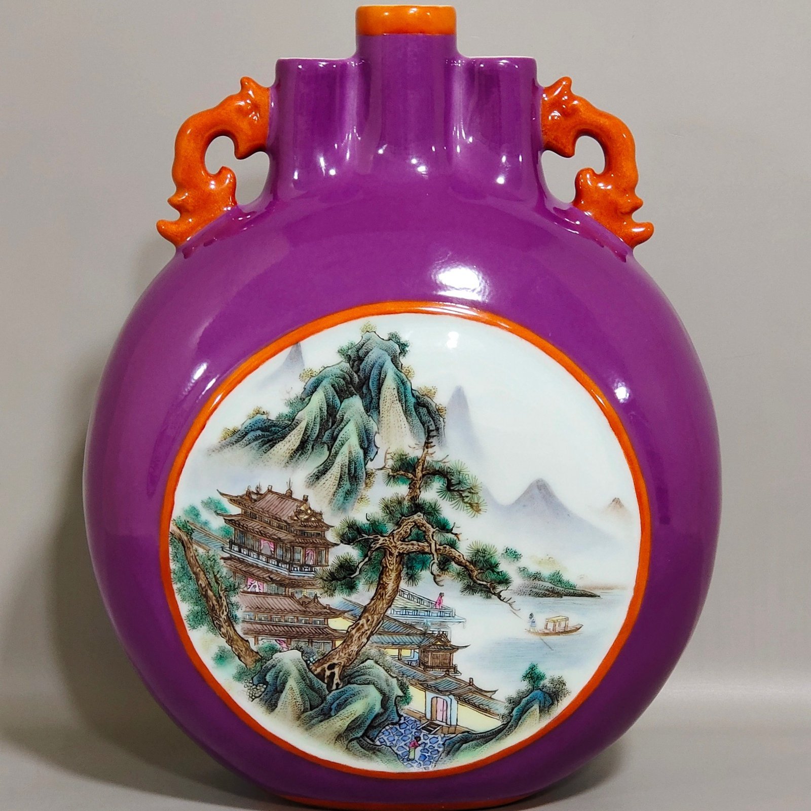 Qing Dynasty Qianlong eggplant skin purple glaze window landscape attic three tube moon holding vase
